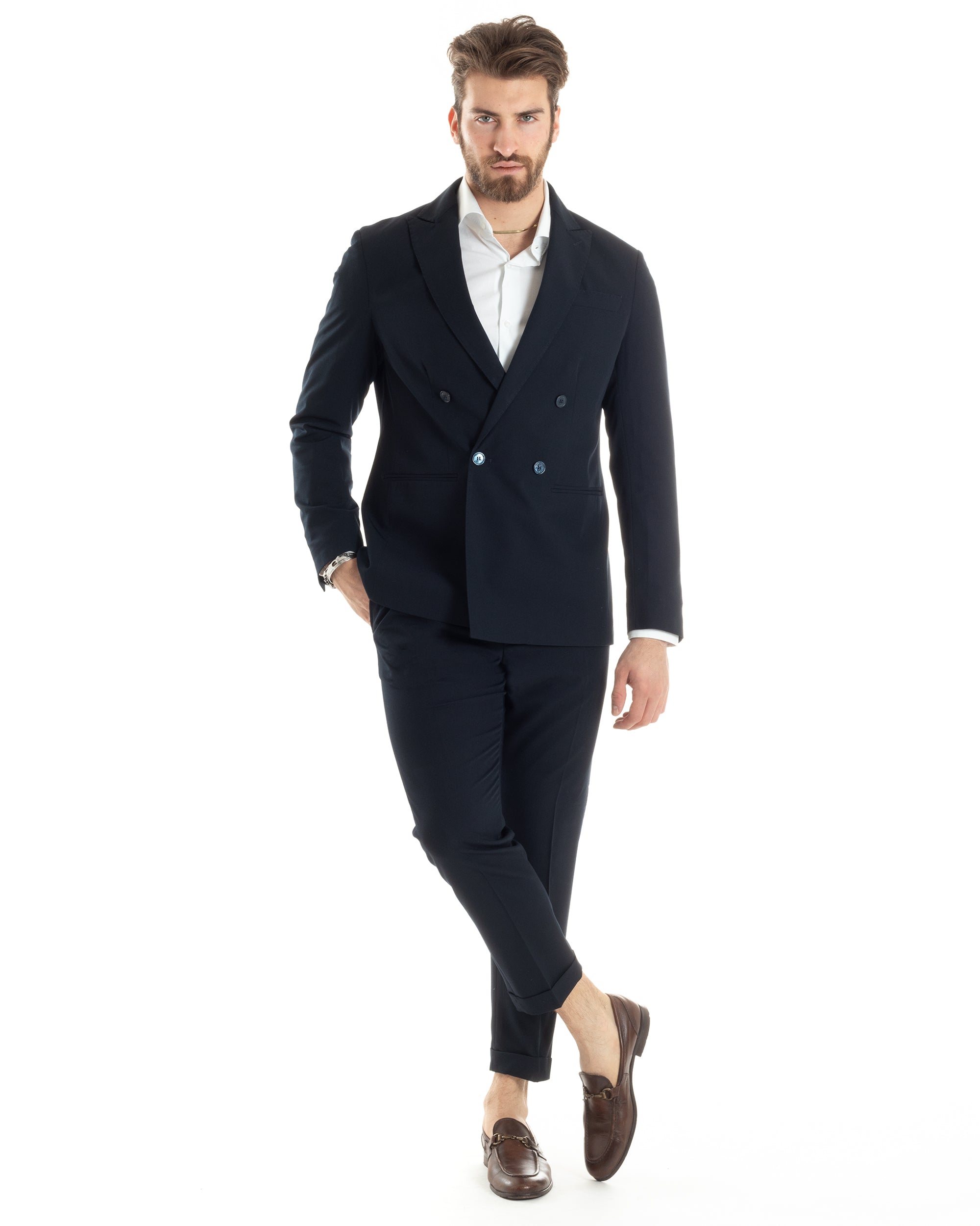 Abito Uomo Doppiopetto Vestito Completo Giacca Pantaloni Blu Tinta Unita Elegante Casual GIOSAL-AE1022A