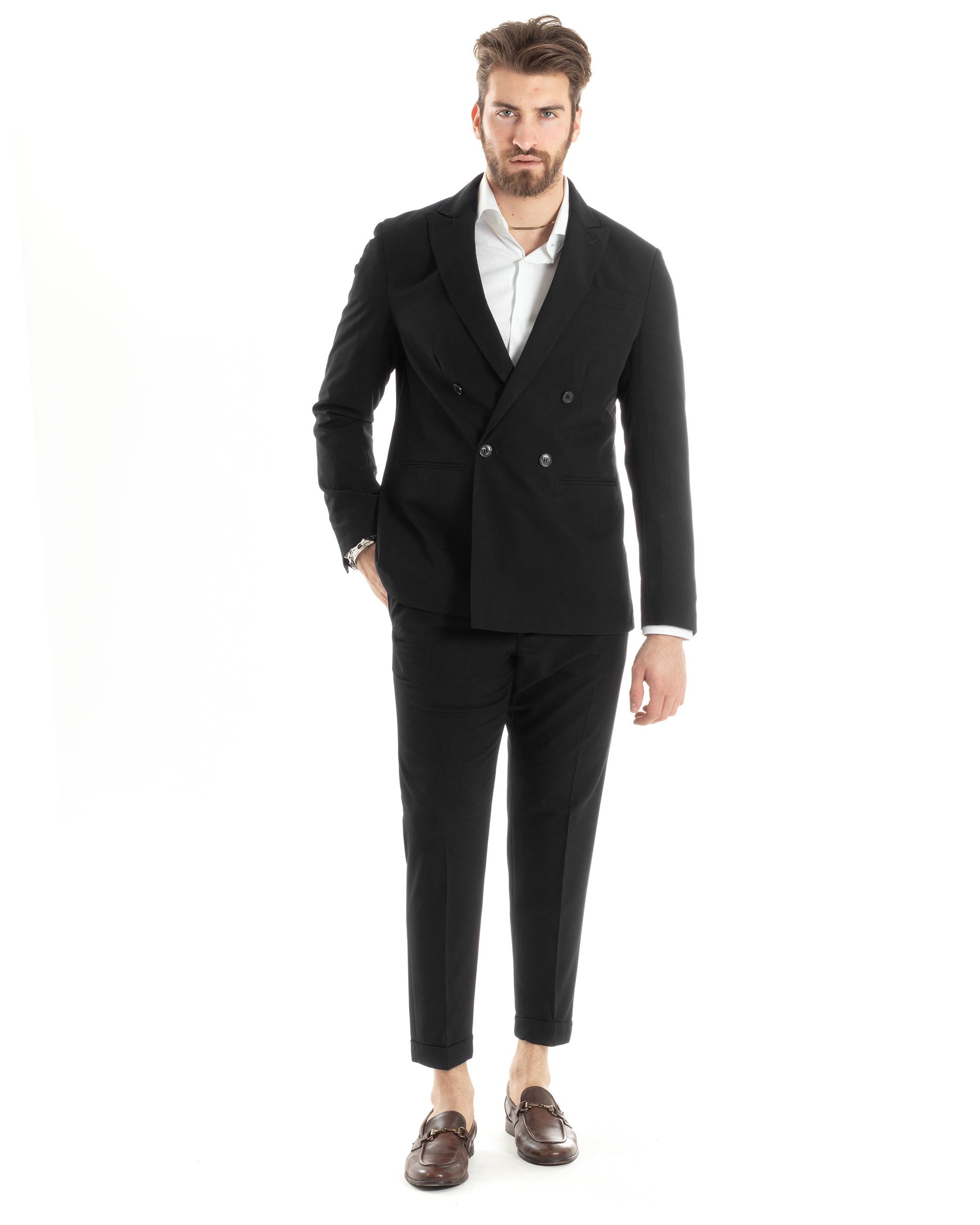 Abito Uomo Doppiopetto Vestito Completo Giacca Pantaloni Nero Tinta Unita Elegante Casual GIOSAL-AE1024A