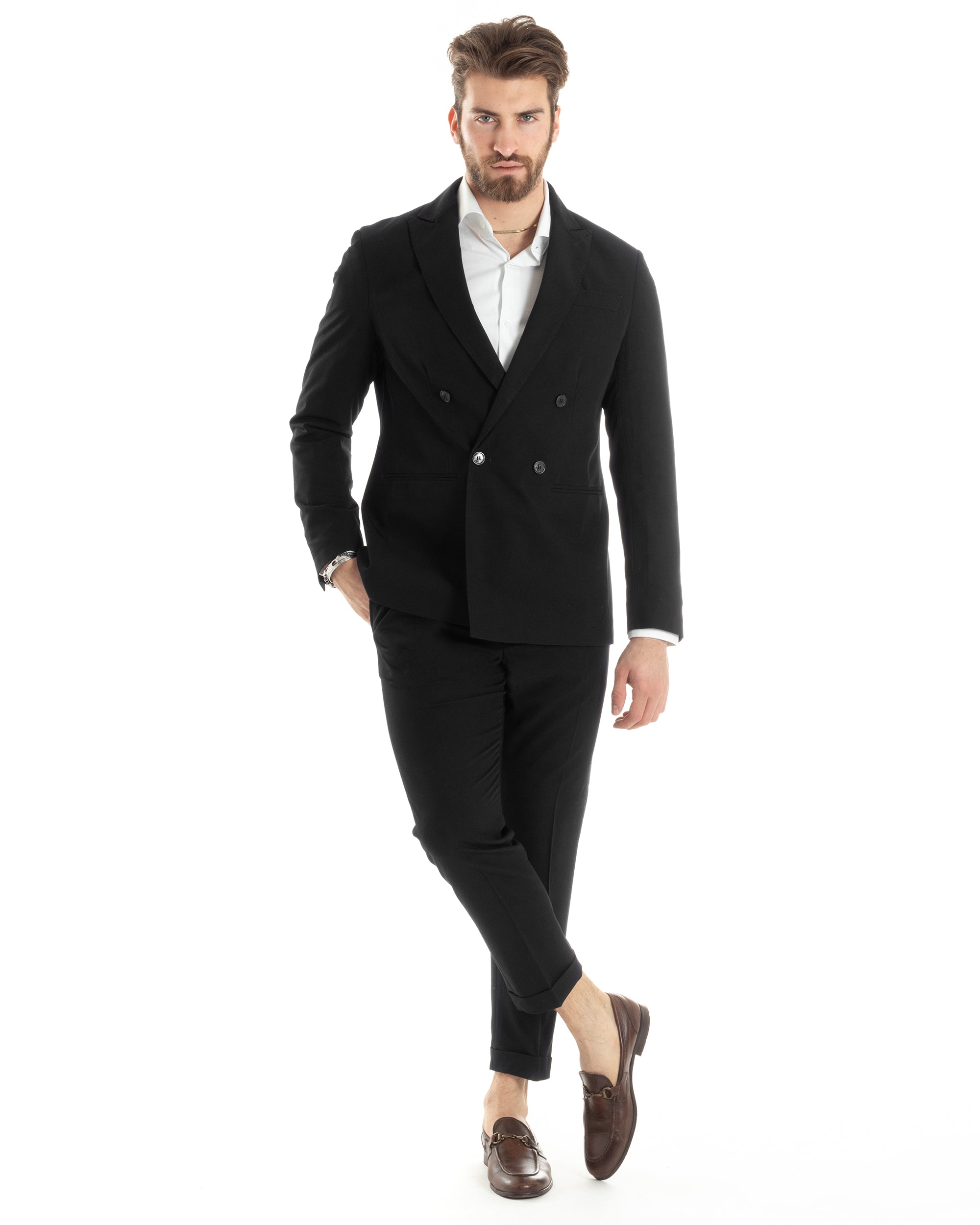 Abito Uomo Doppiopetto Vestito Completo Giacca Pantaloni Nero Tinta Unita Elegante Casual GIOSAL-AE1024A