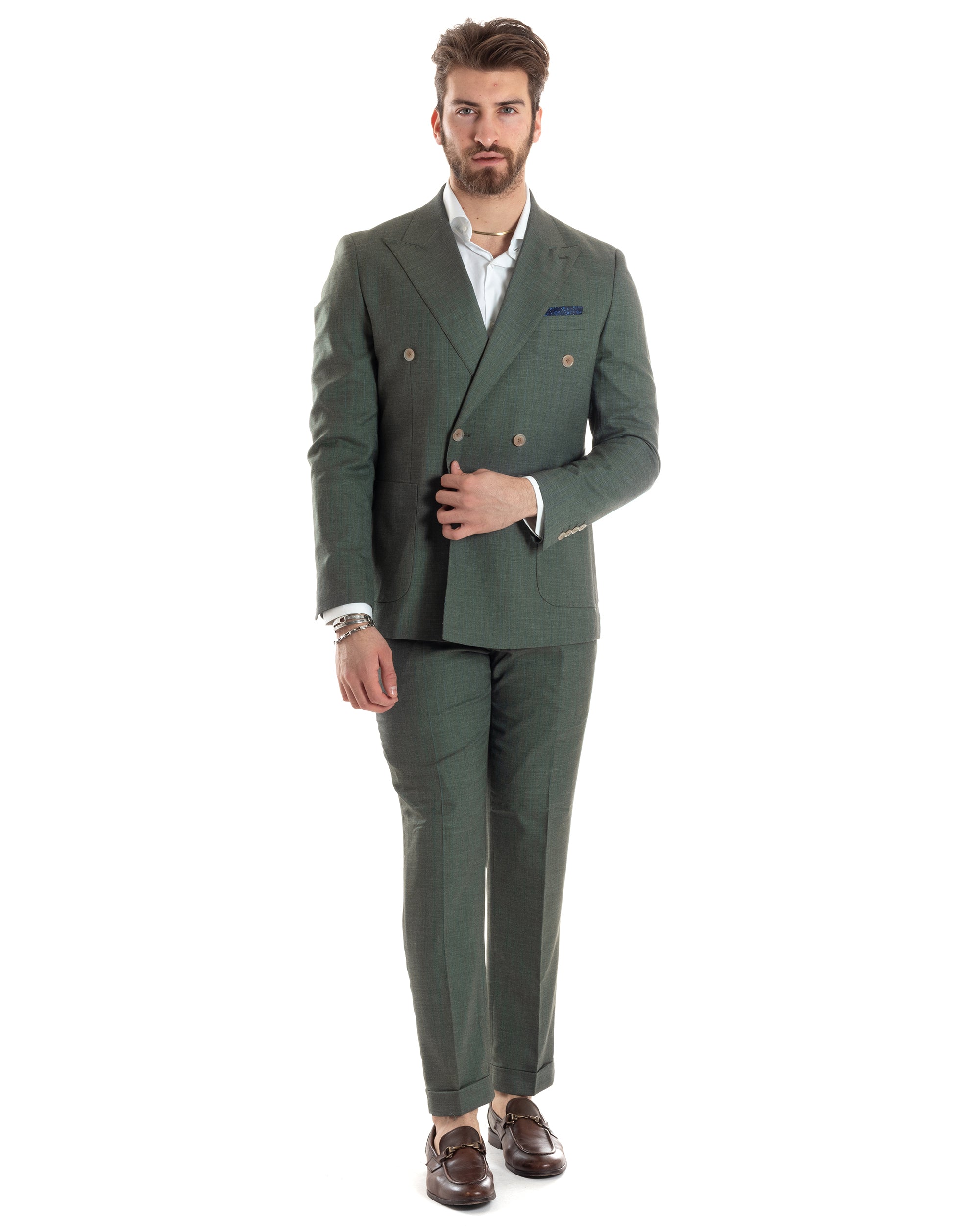 Abito Uomo Doppiopetto Vestito Completo Giacca Pantaloni Verde Gessato Elegante Casual GIOSAL-AE1026A