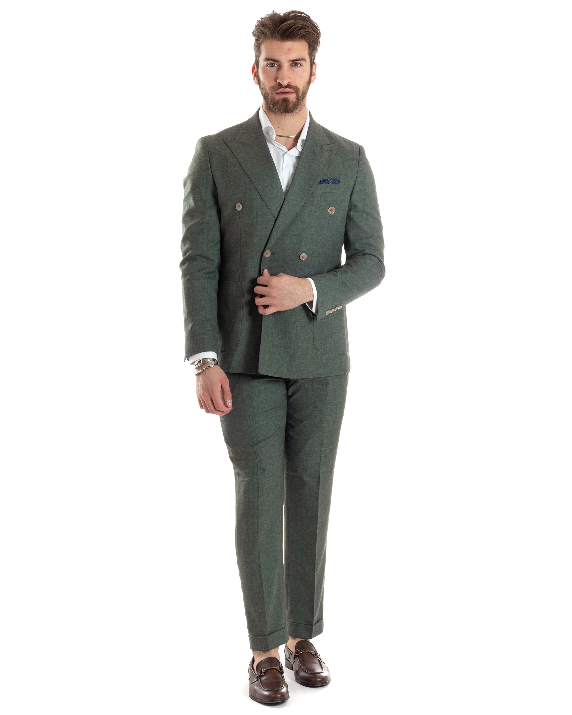 Abito Uomo Doppiopetto Vestito Completo Viscosa Giacca Pantaloni Verde Gessato Elegante Casual GIOSAL-AE1026A