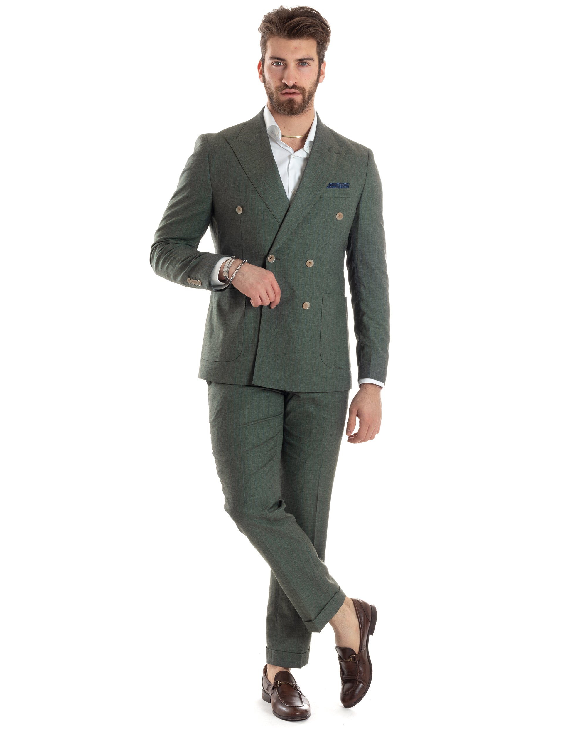 Abito Uomo Doppiopetto Vestito Completo Viscosa Giacca Pantaloni Verde Gessato Elegante Casual GIOSAL-AE1026A