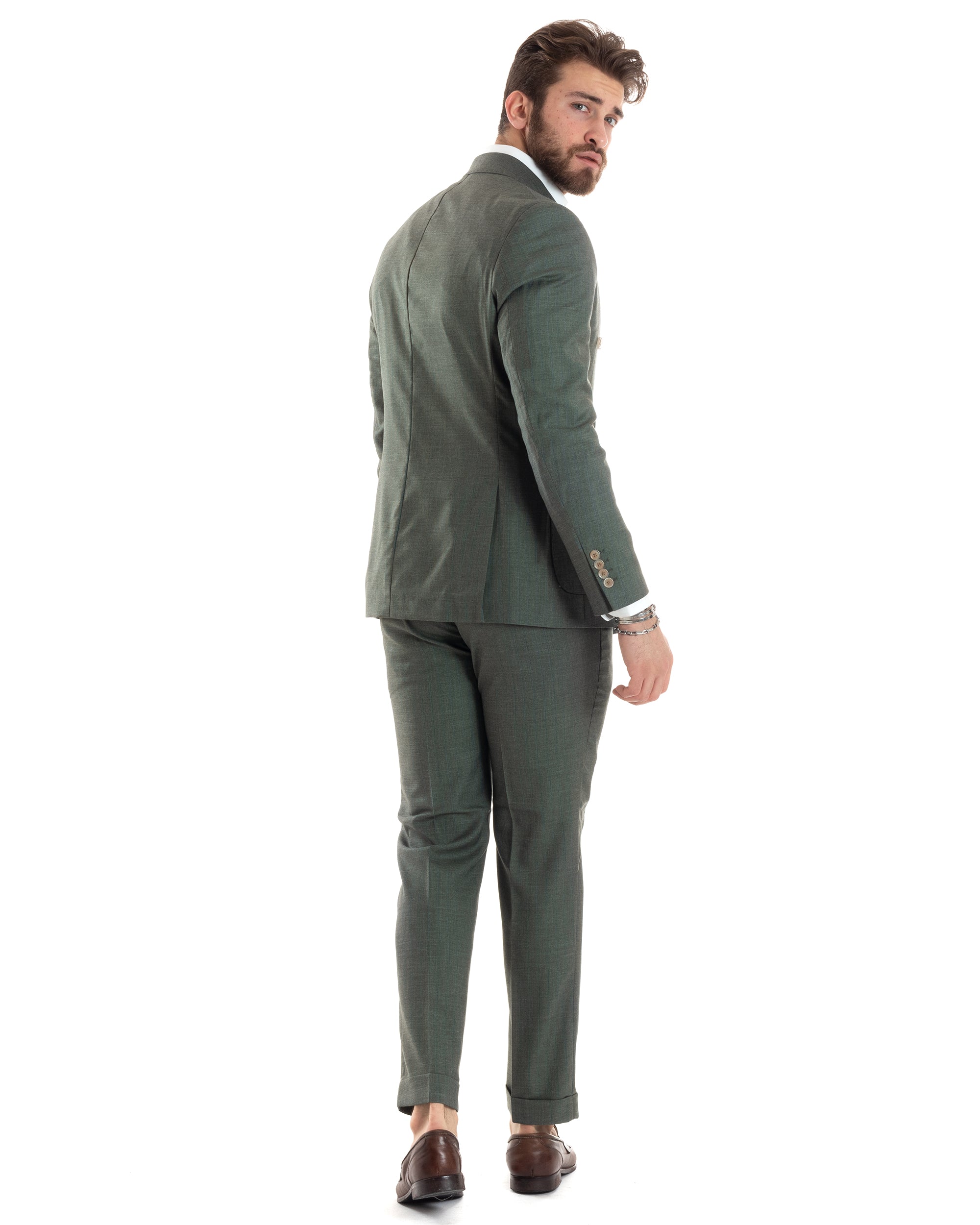 Abito Uomo Doppiopetto Vestito Completo Viscosa Giacca Pantaloni Verde Gessato Elegante Casual GIOSAL-AE1026A