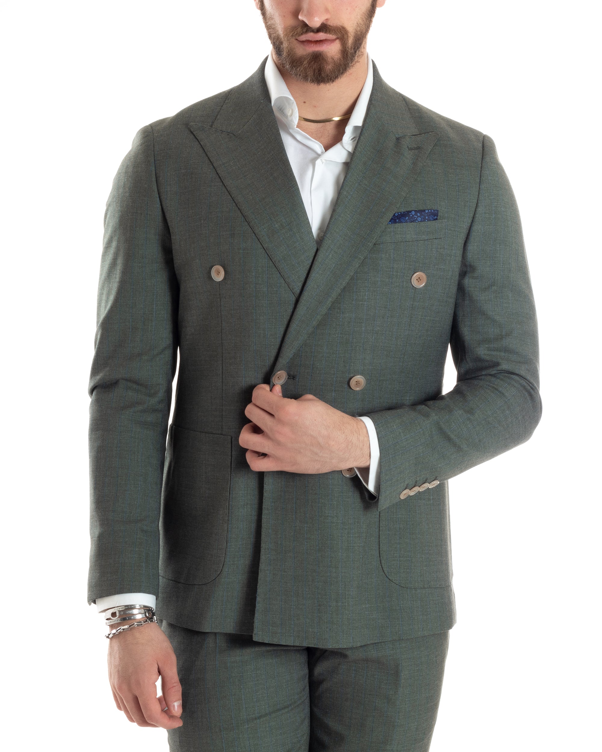 Abito Uomo Doppiopetto Vestito Completo Viscosa Giacca Pantaloni Verde Gessato Elegante Casual GIOSAL-AE1026A
