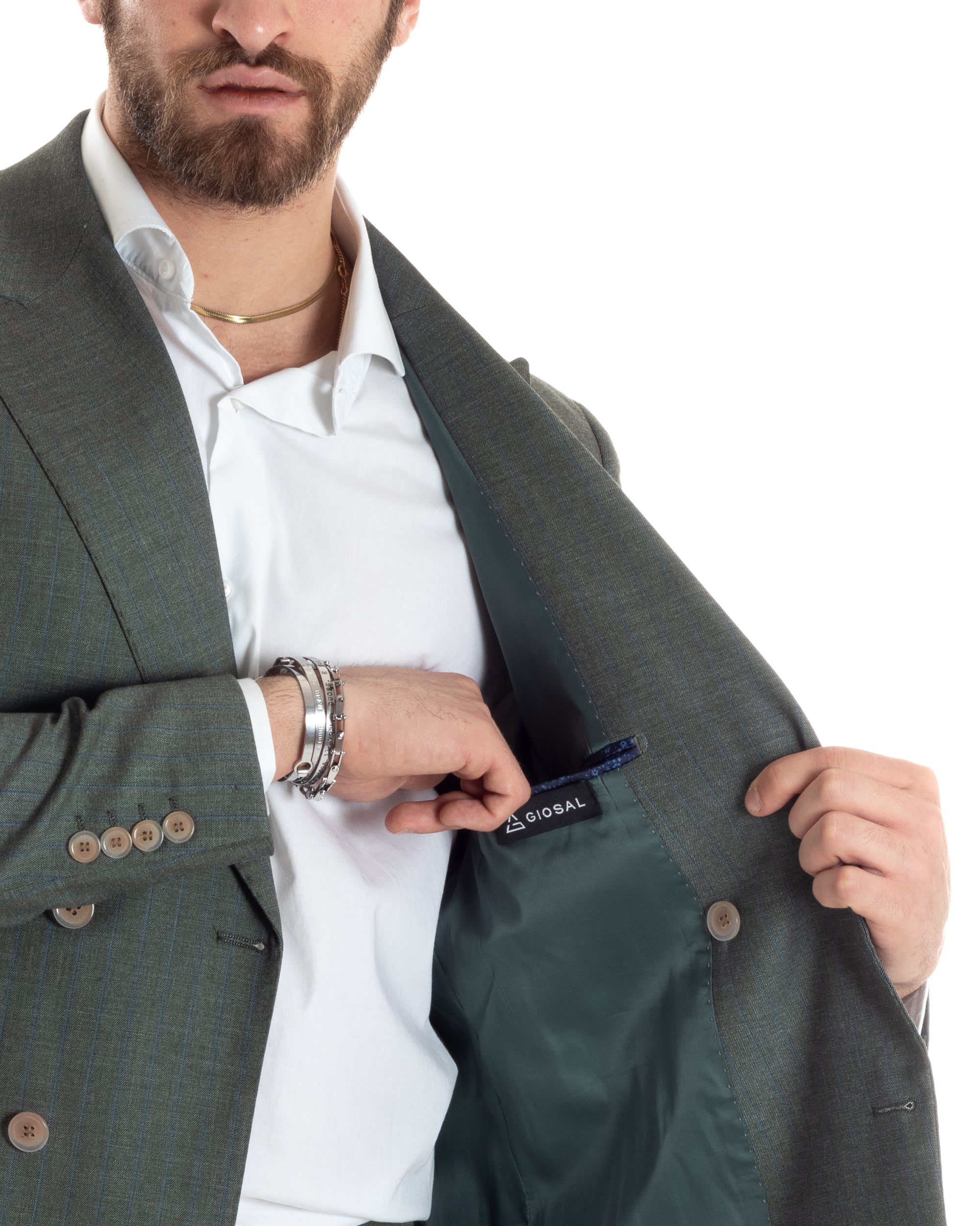 Abito Uomo Doppiopetto Vestito Completo Viscosa Giacca Pantaloni Verde Gessato Elegante Casual GIOSAL-AE1026A