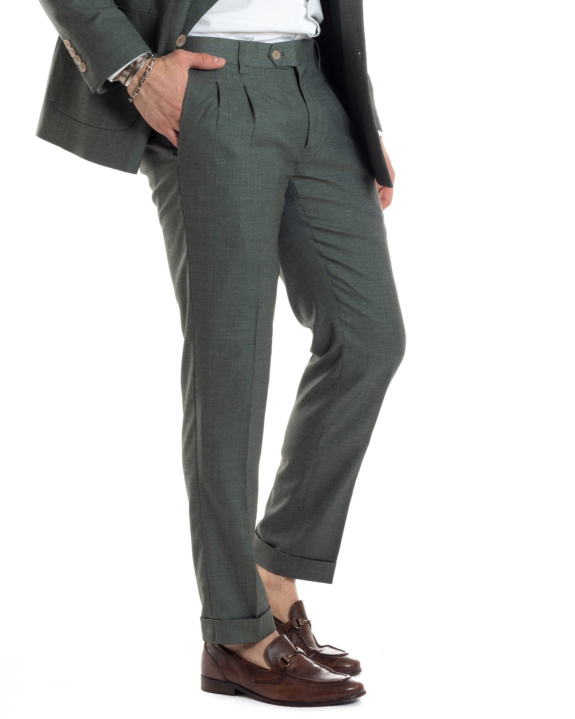 Abito Uomo Doppiopetto Vestito Completo Viscosa Giacca Pantaloni Verde Gessato Elegante Casual GIOSAL-AE1026A