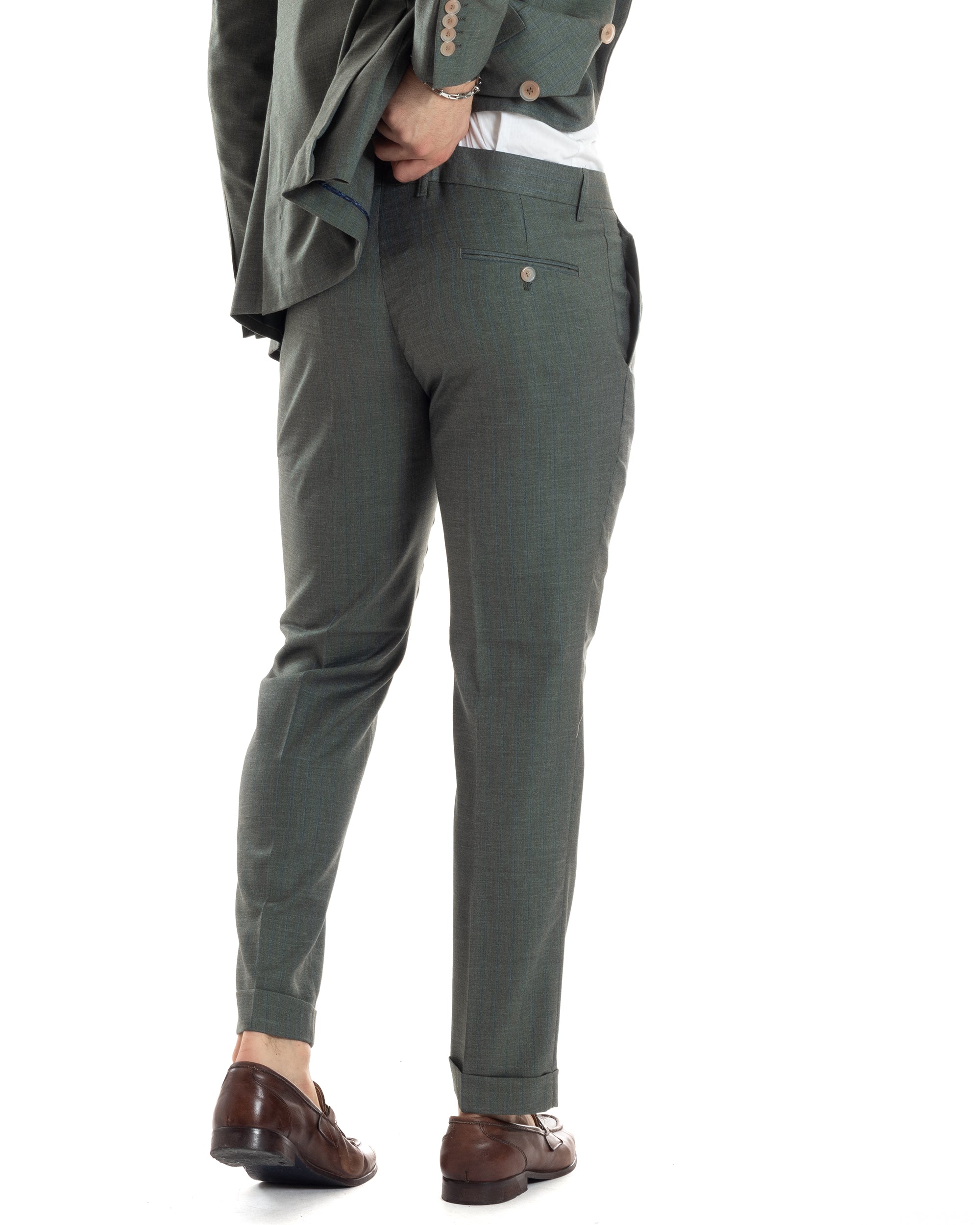 Abito Uomo Doppiopetto Vestito Completo Viscosa Giacca Pantaloni Verde Gessato Elegante Casual GIOSAL-AE1026A
