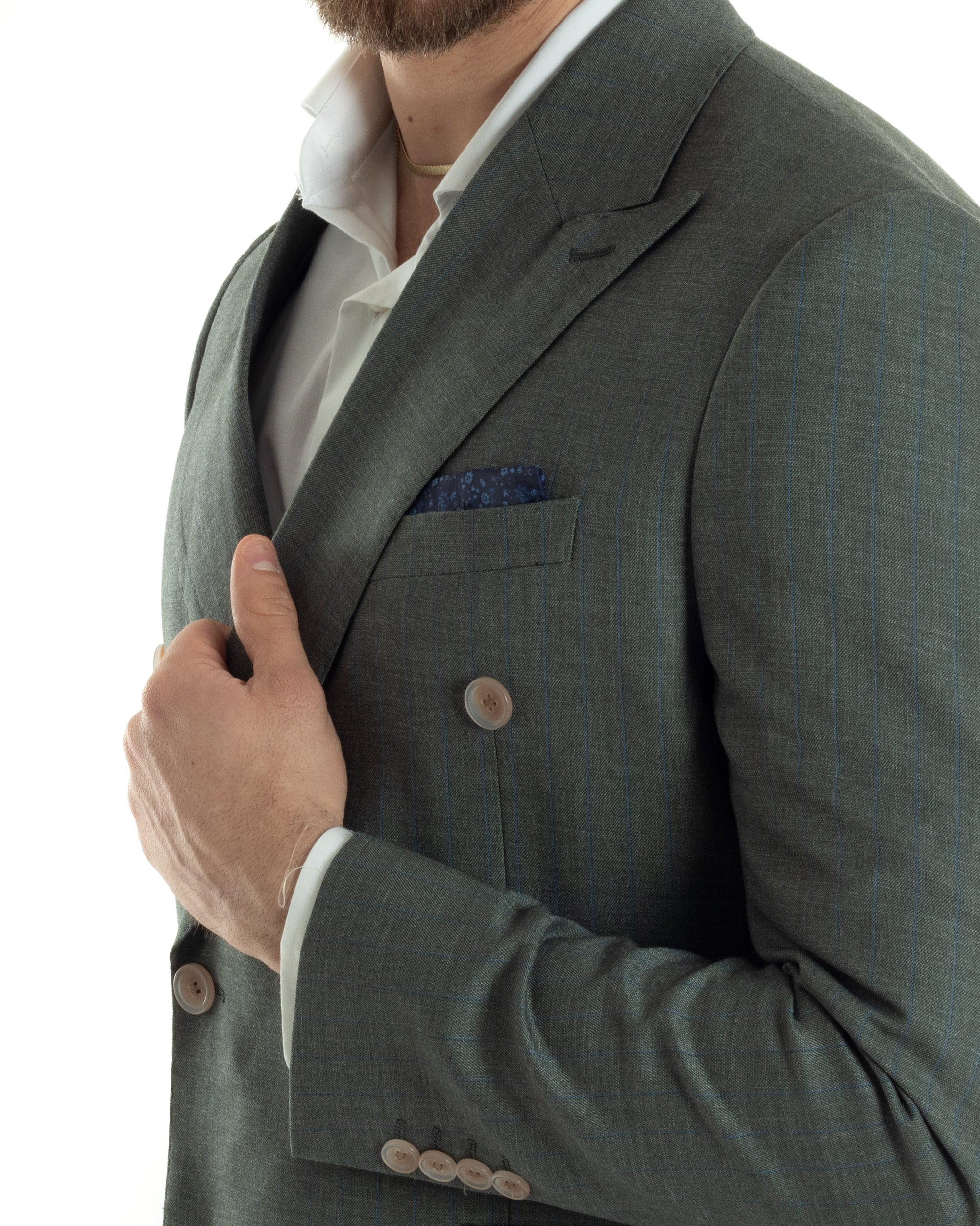 Abito Uomo Doppiopetto Vestito Completo Viscosa Giacca Pantaloni Verde Gessato Elegante Casual GIOSAL-AE1026A