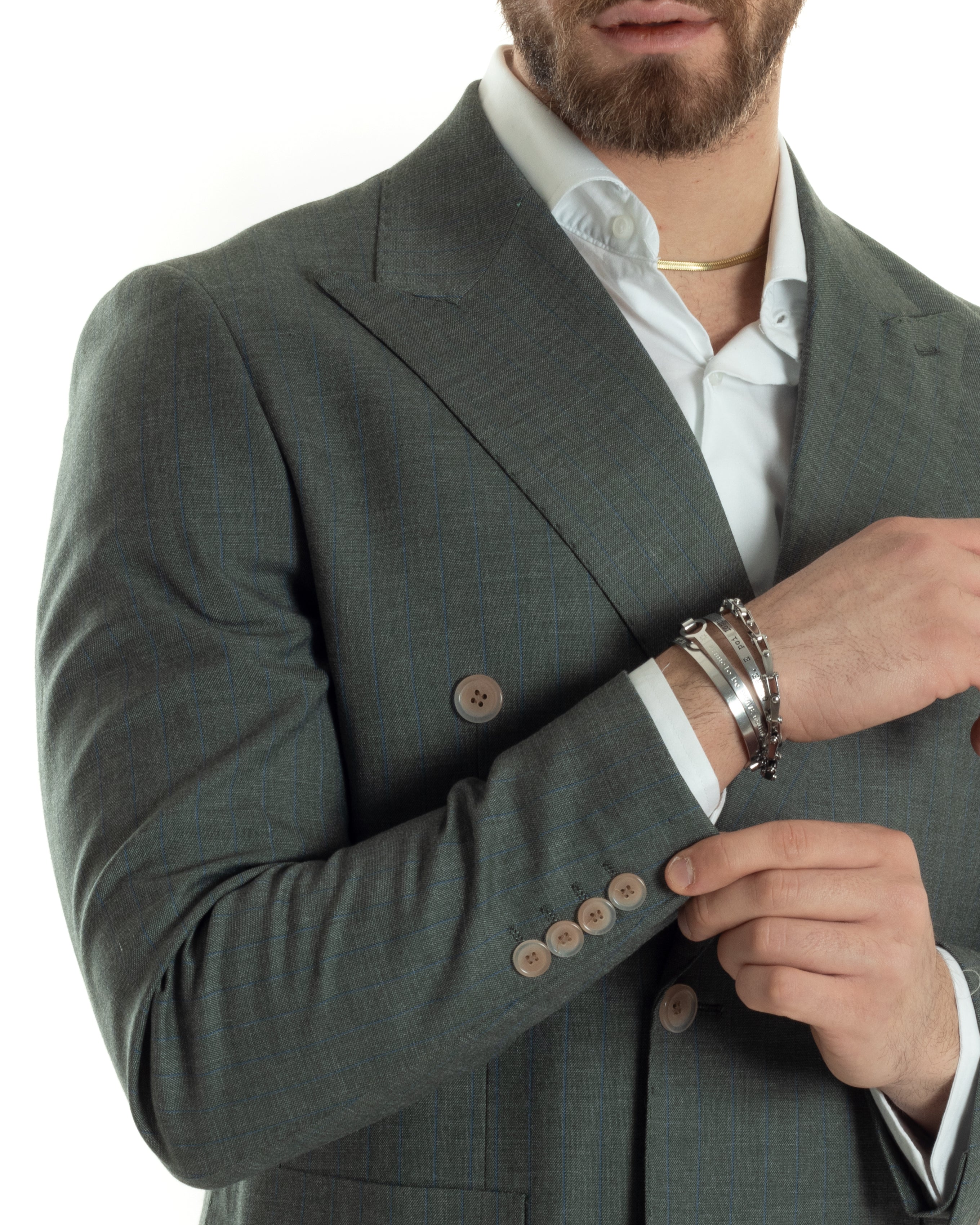 Abito Uomo Doppiopetto Vestito Completo Viscosa Giacca Pantaloni Verde Gessato Elegante Casual GIOSAL-AE1026A