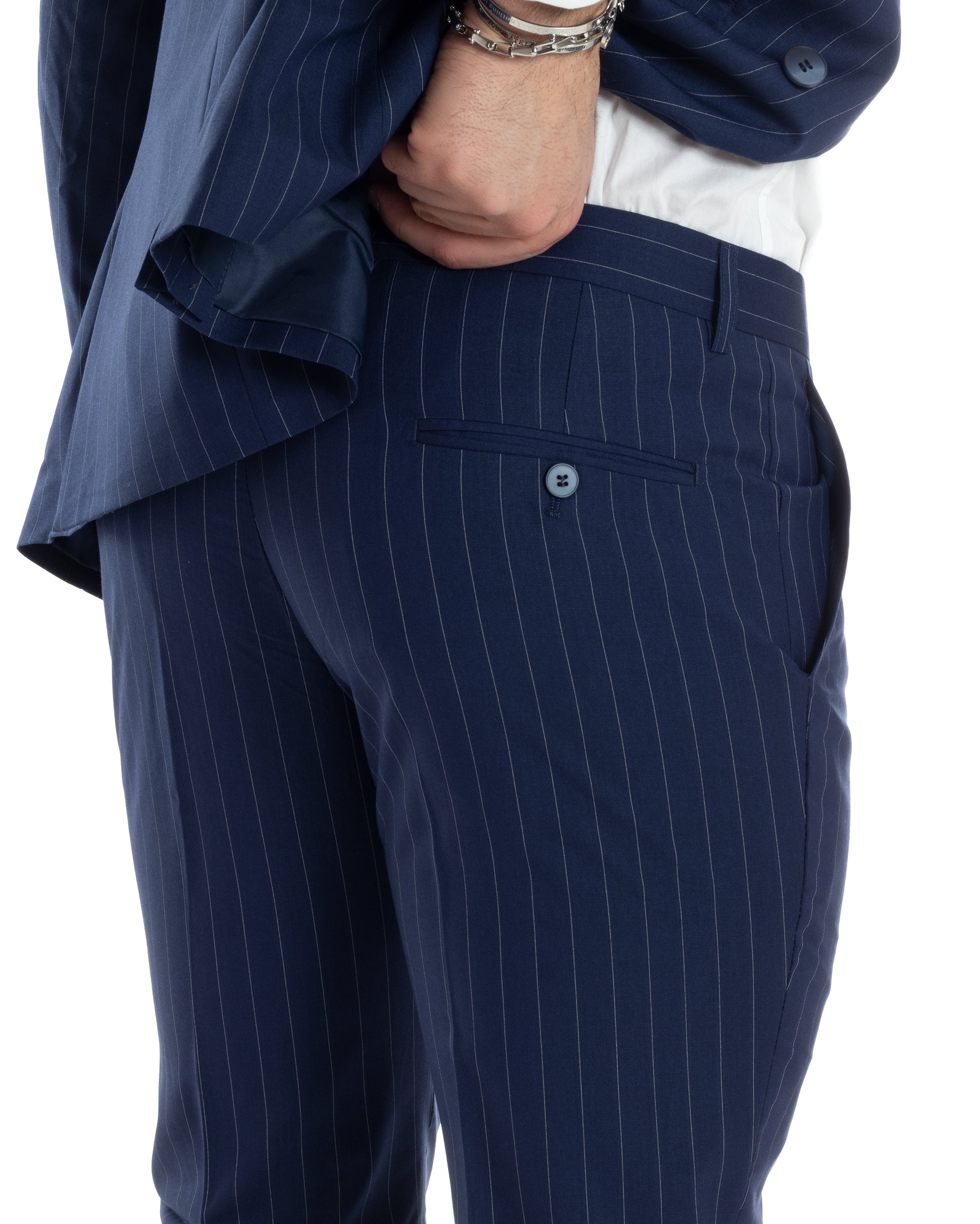 Abito Uomo Doppiopetto Vestito Completo Giacca Pantaloni Blu Gessato Elegante Casual GIOSAL-AE1027A