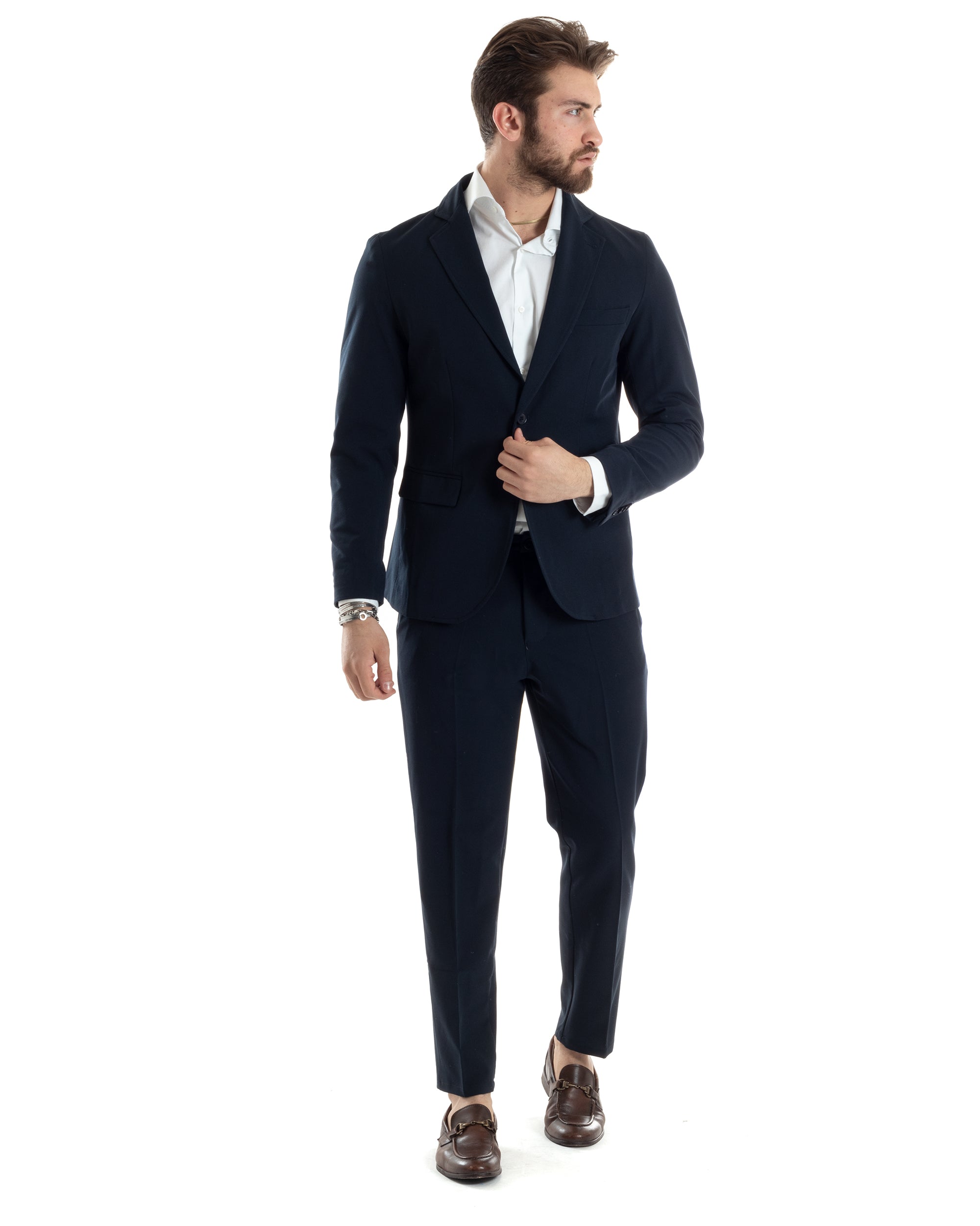 Abito Uomo Monopetto Vestito Completo Giacca Pantaloni Blu Tinta Unita Elegante Casual GIOSAL-AE1030A