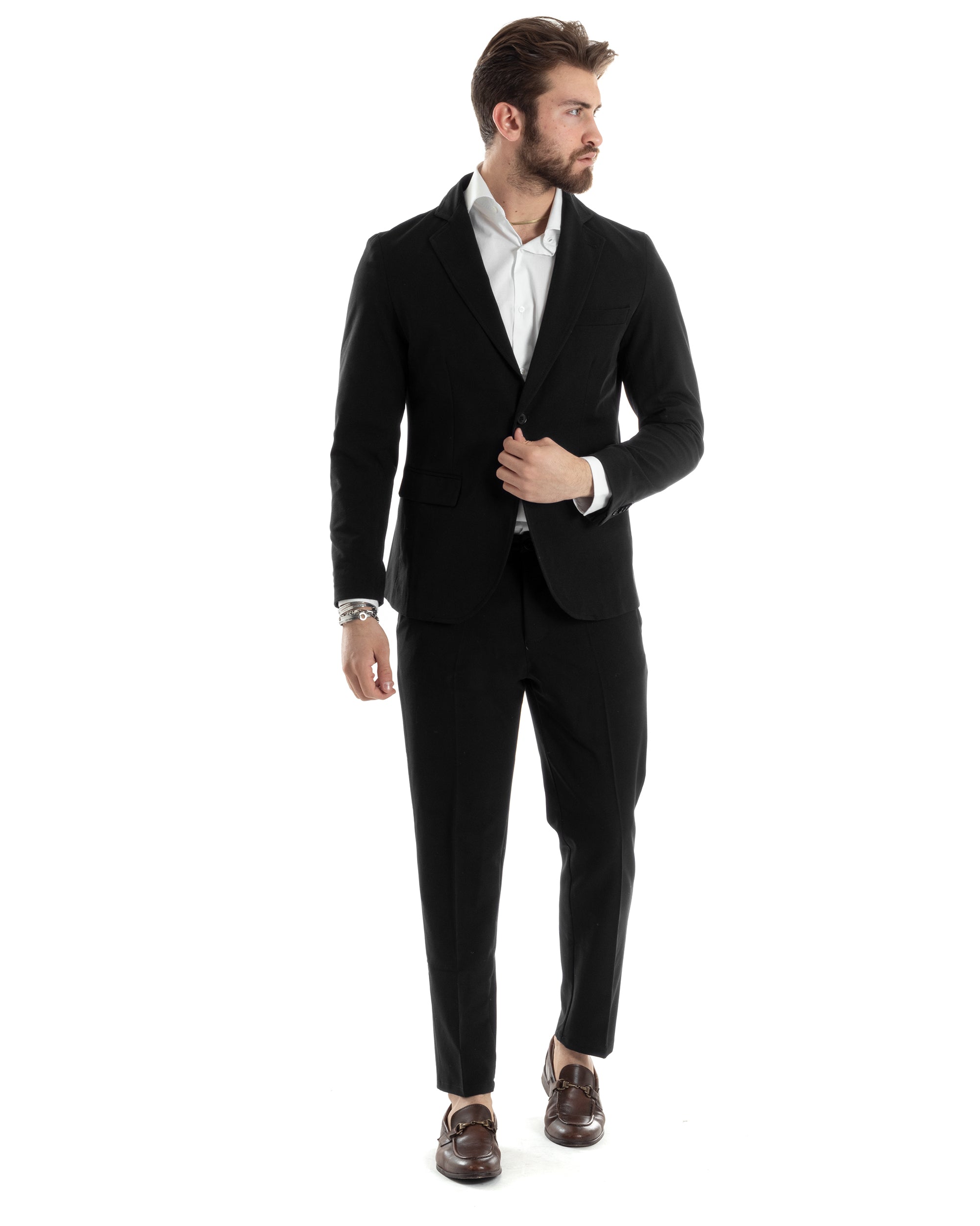 Abito Uomo Monopetto Vestito Completo Giacca Pantaloni Nero Tinta Unita Elegante Casual GIOSAL-AE1033A