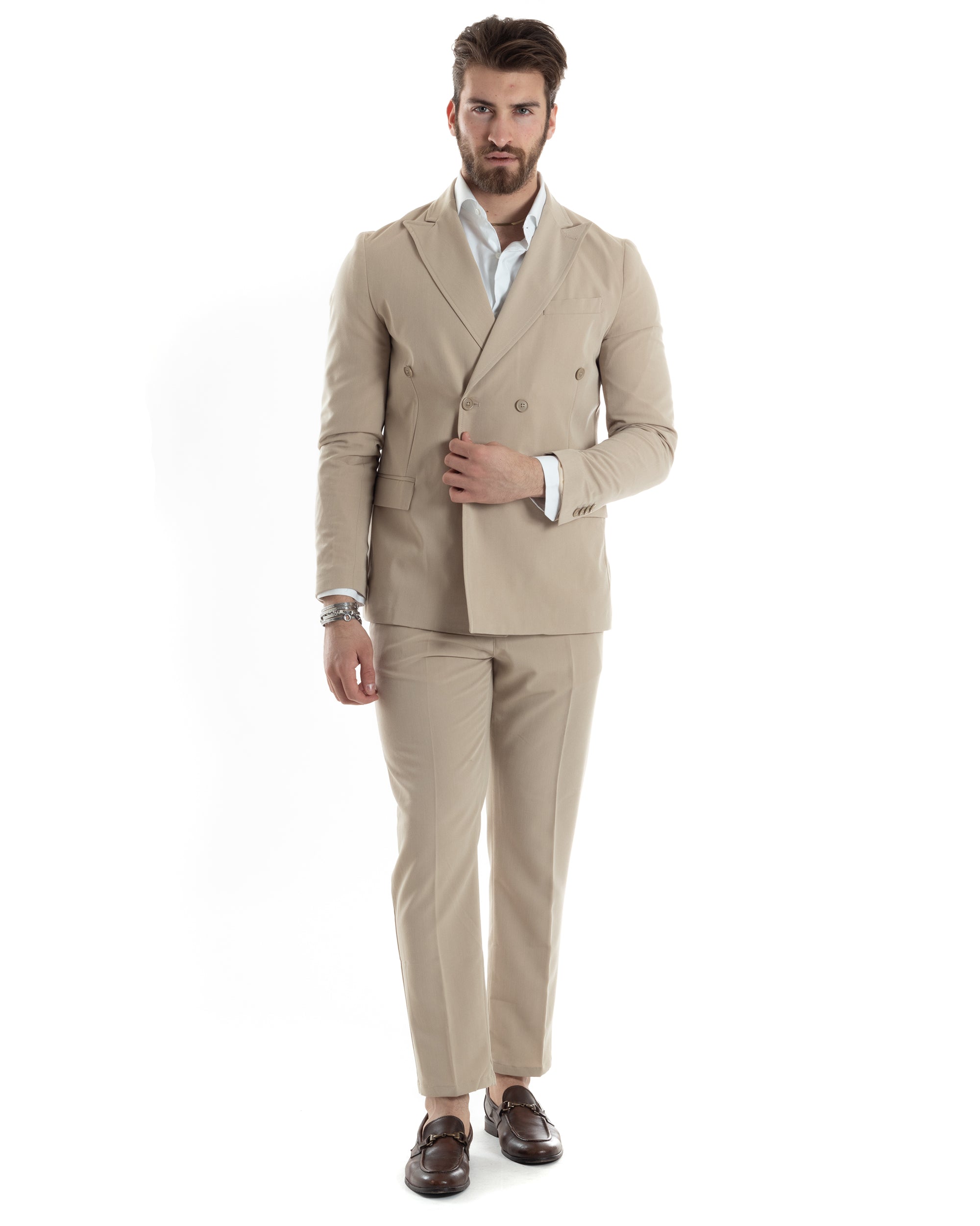 Abito Uomo Doppiopetto Vestito Completo Giacca Pantaloni Beige Tinta Unita Elegante Casual GIOSAL-AE1037A