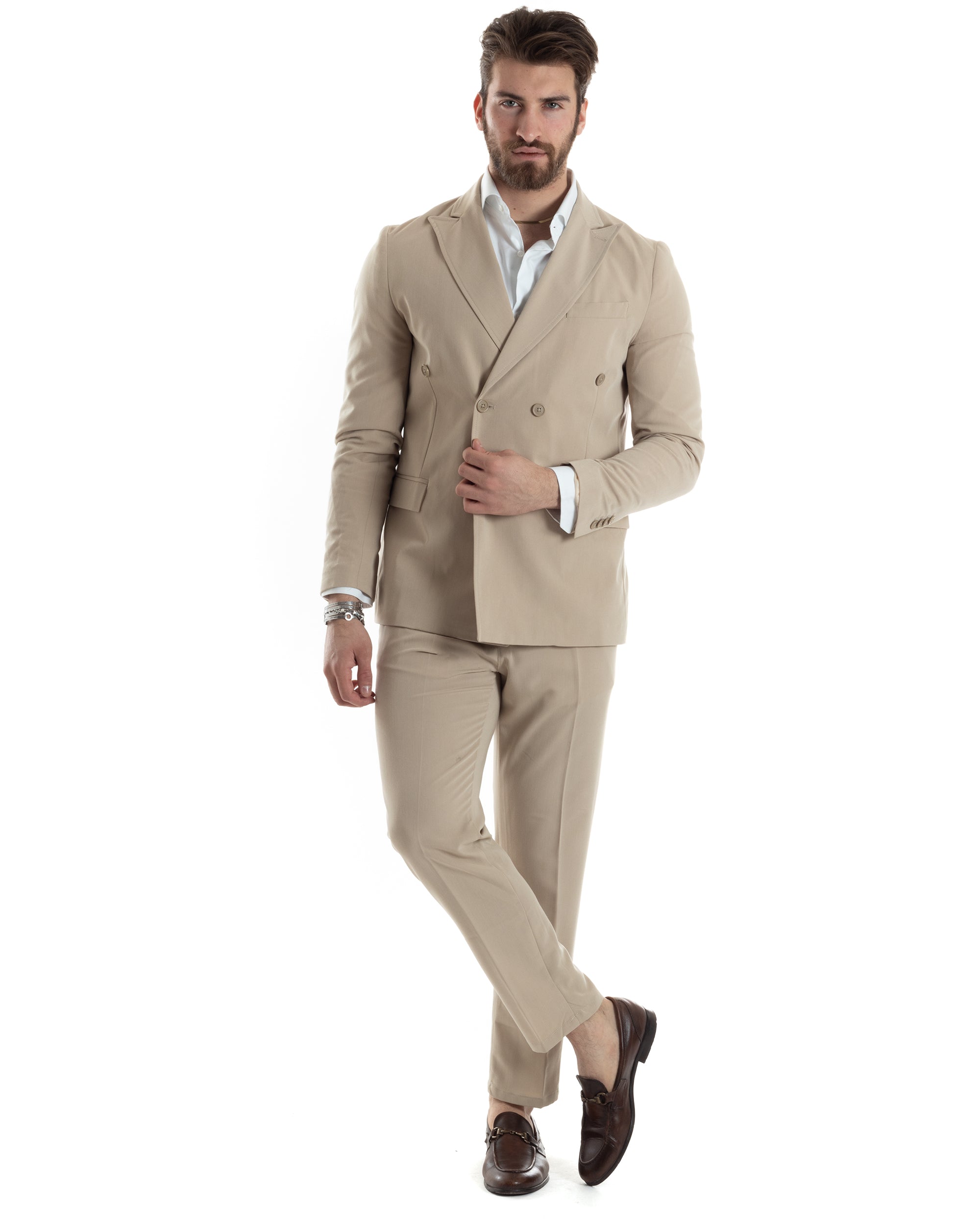 Abito Uomo Doppiopetto Vestito Completo Giacca Pantaloni Beige Tinta Unita Elegante Casual GIOSAL-AE1037A