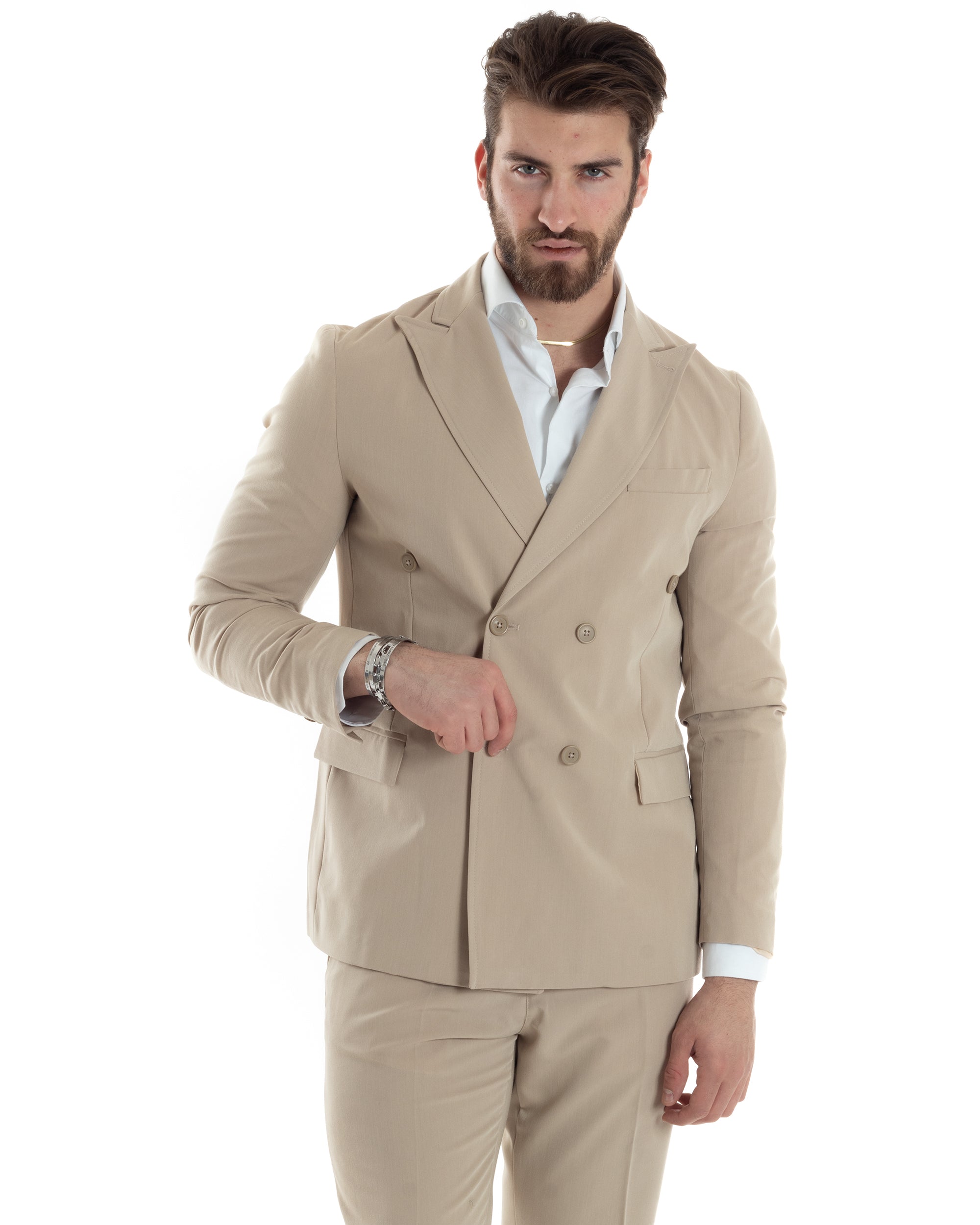 Abito Uomo Doppiopetto Vestito Completo Giacca Pantaloni Beige Tinta Unita Elegante Casual GIOSAL-AE1037A