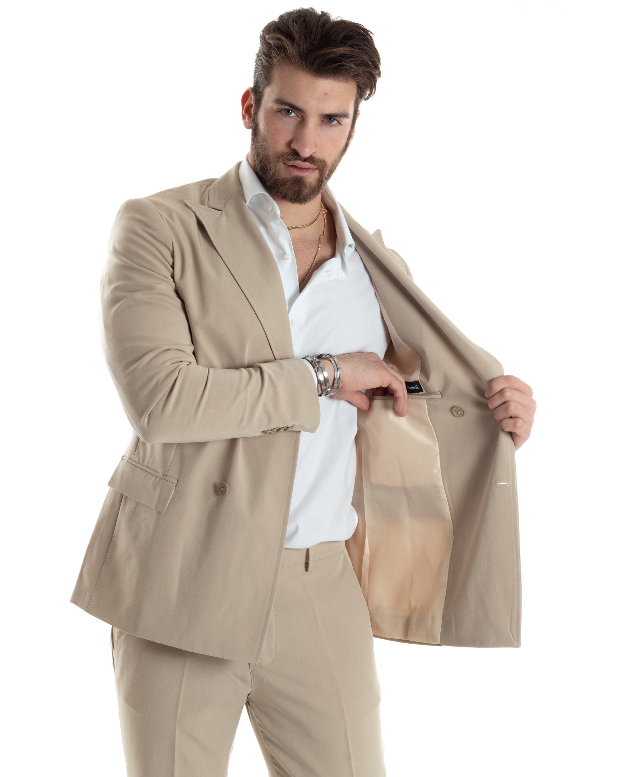 Abito Uomo Doppiopetto Vestito Completo Giacca Pantaloni Beige Tinta Unita Elegante Casual GIOSAL-AE1037A