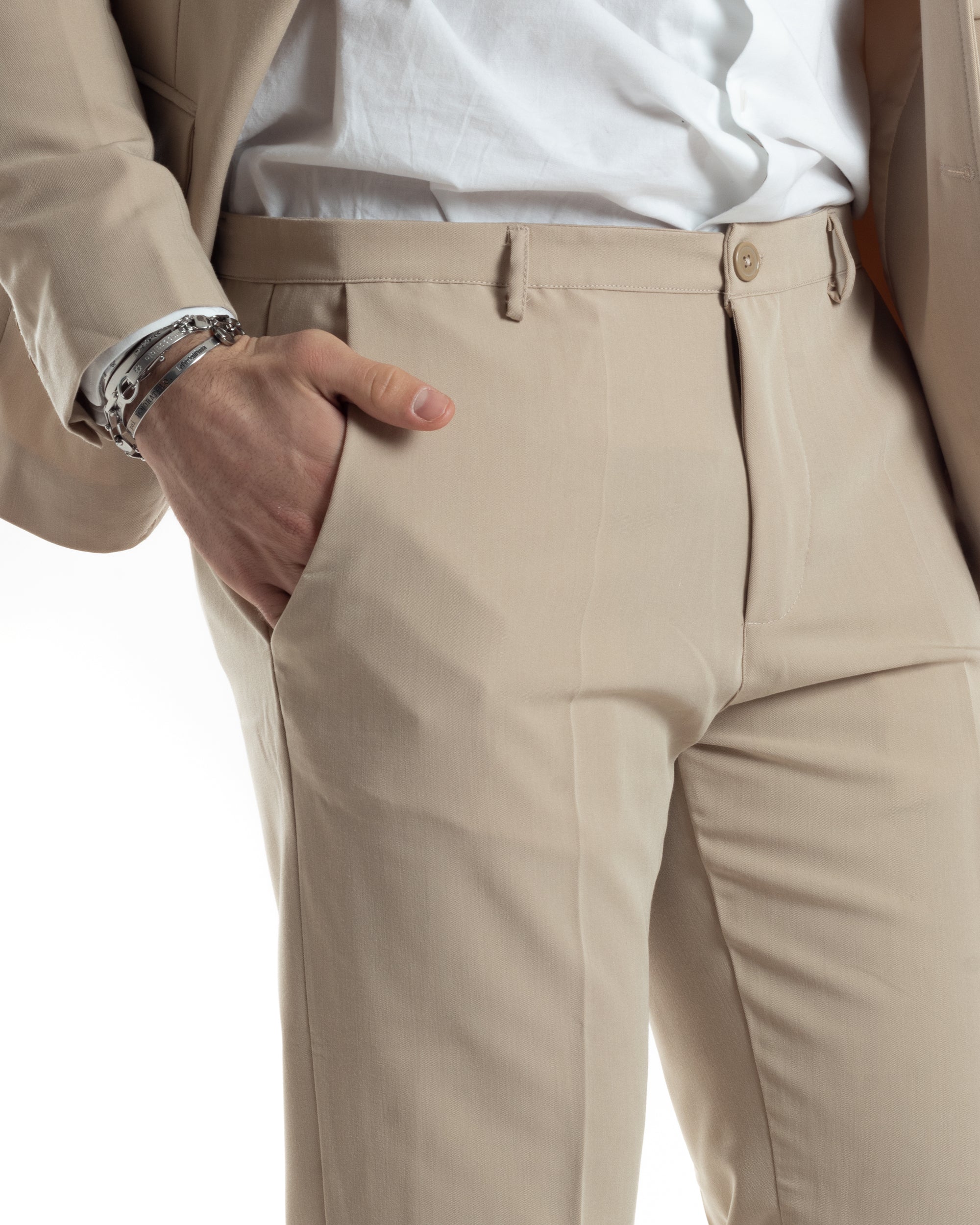 Abito Uomo Doppiopetto Vestito Completo Giacca Pantaloni Beige Tinta Unita Elegante Casual GIOSAL-AE1037A