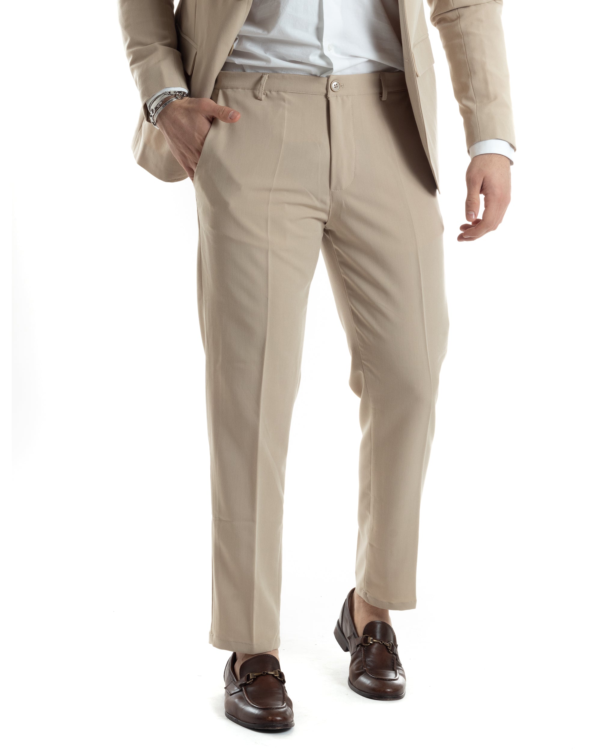 Abito Uomo Doppiopetto Vestito Completo Giacca Pantaloni Beige Tinta Unita Elegante Casual GIOSAL-AE1037A