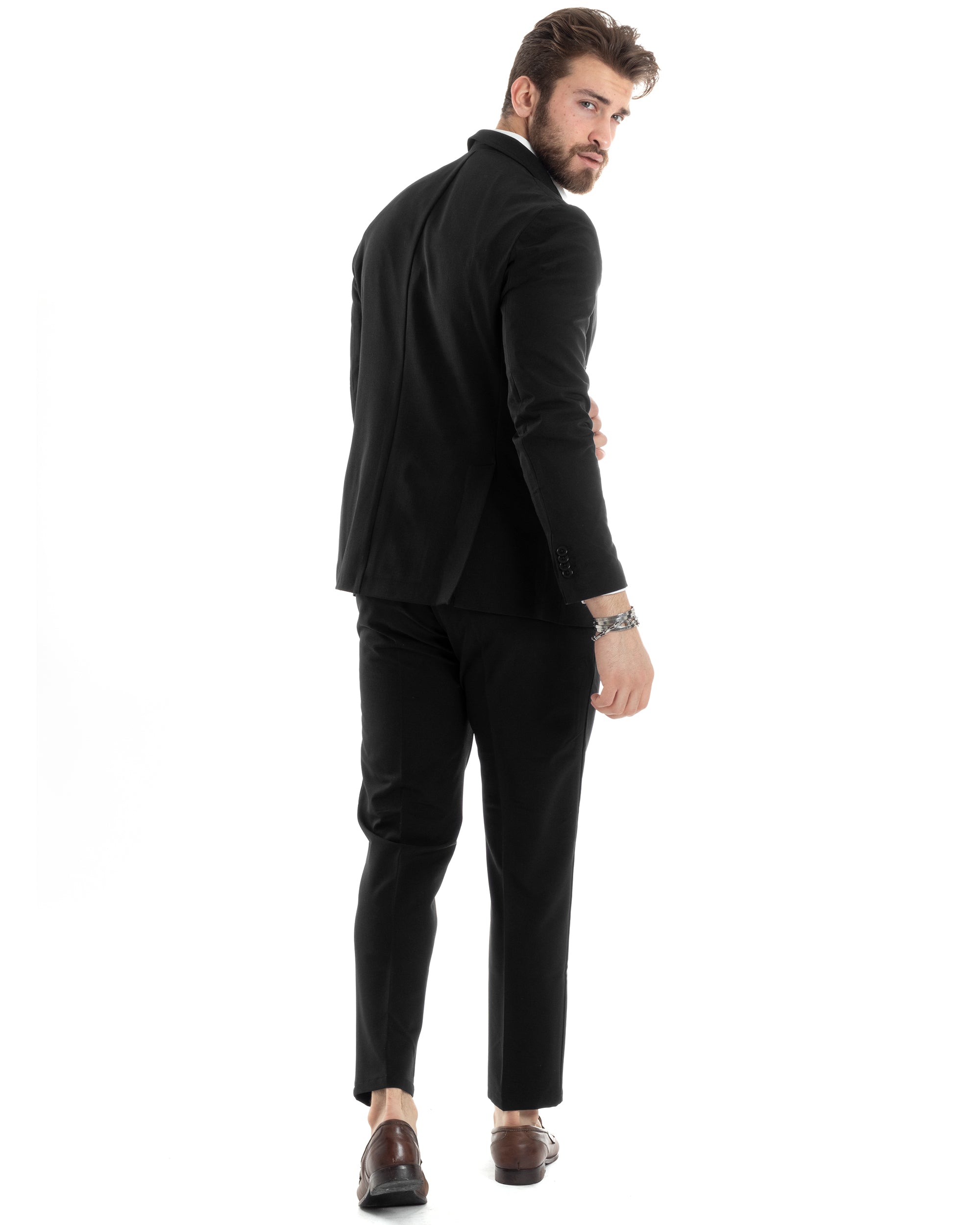 Abito Uomo Doppiopetto Vestito Completo Giacca Pantaloni Nero Tinta Unita Elegante Casual GIOSAL-AE1039A