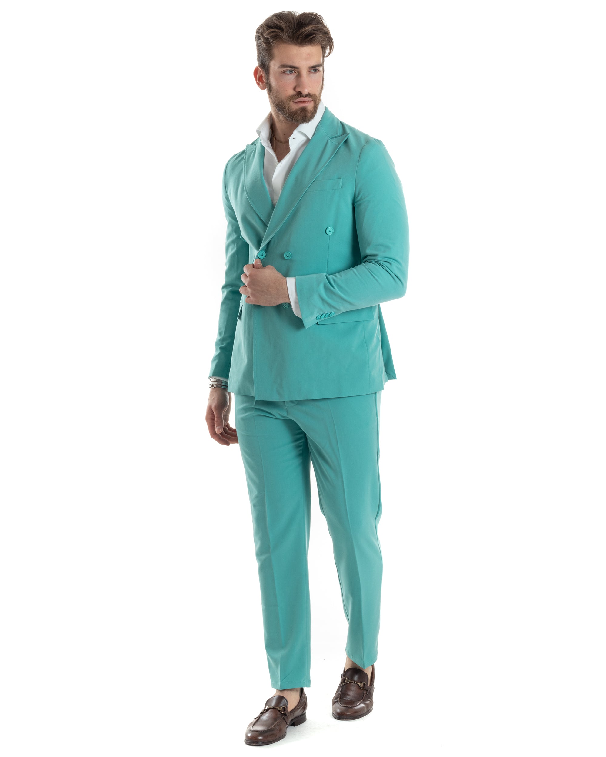 Abito Uomo Doppiopetto Vestito Completo Giacca Pantaloni Verde Acqua Tinta Unita Elegante Casual GIOSAL-AE1040A