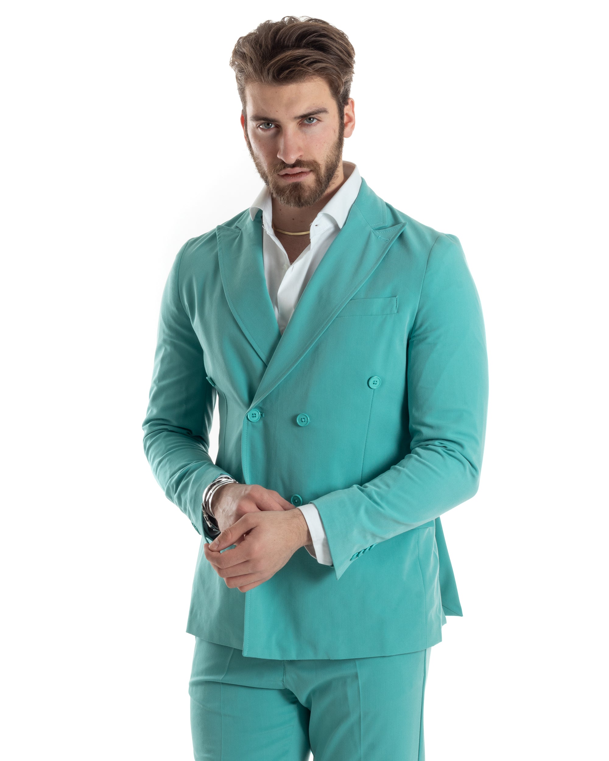 Abito Uomo Doppiopetto Vestito Completo Giacca Pantaloni Verde Acqua Tinta Unita Elegante Casual GIOSAL-AE1040A