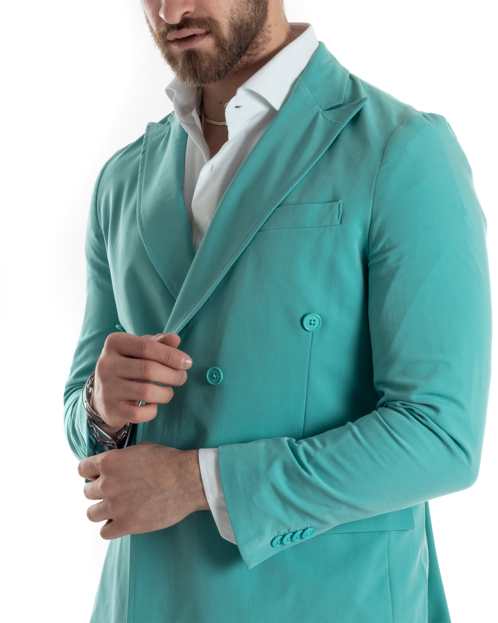 Abito Uomo Doppiopetto Vestito Completo Giacca Pantaloni Verde Acqua Tinta Unita Elegante Casual GIOSAL-AE1040A