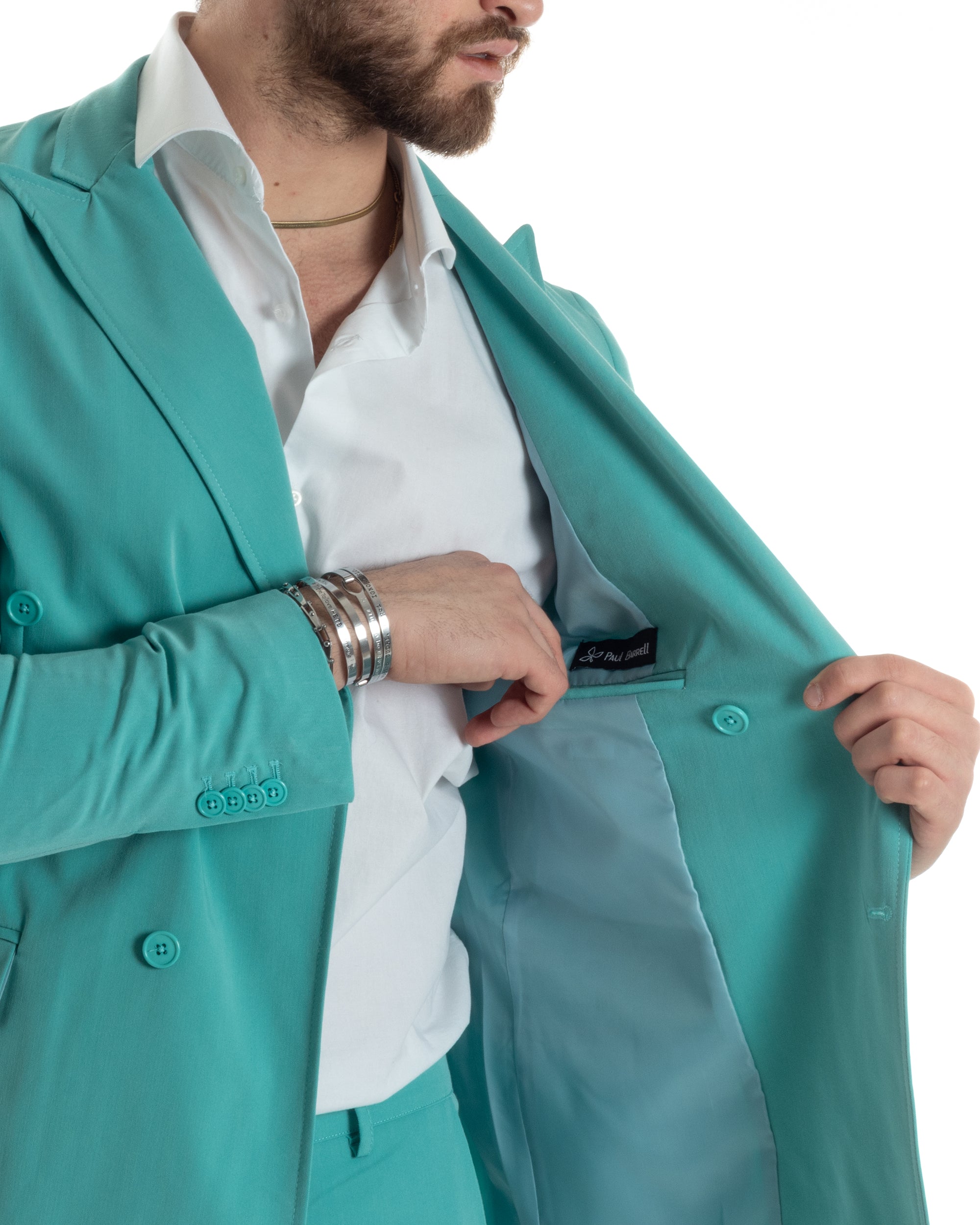 Abito Uomo Doppiopetto Vestito Completo Giacca Pantaloni Verde Acqua Tinta Unita Elegante Casual GIOSAL-AE1040A