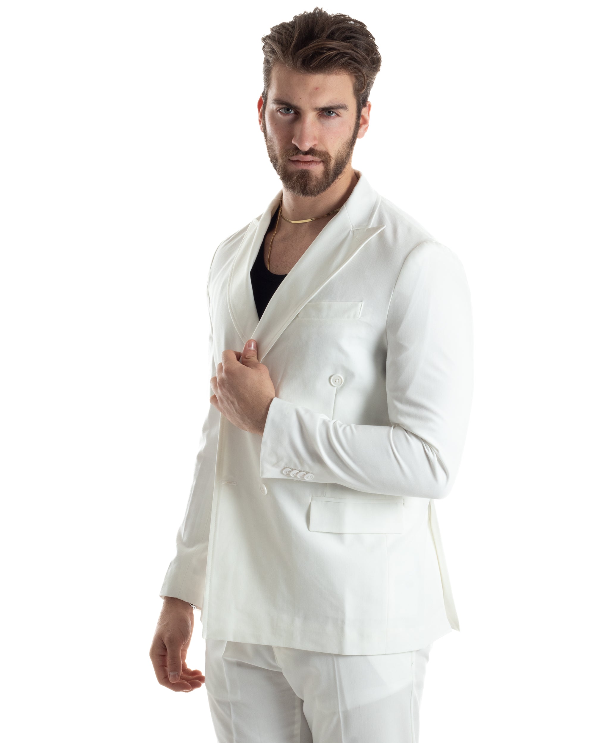 Abito Uomo Doppiopetto Vestito Completo Giacca Pantaloni Bianco Tinta Unita Elegante Casual GIOSAL-AE1041A