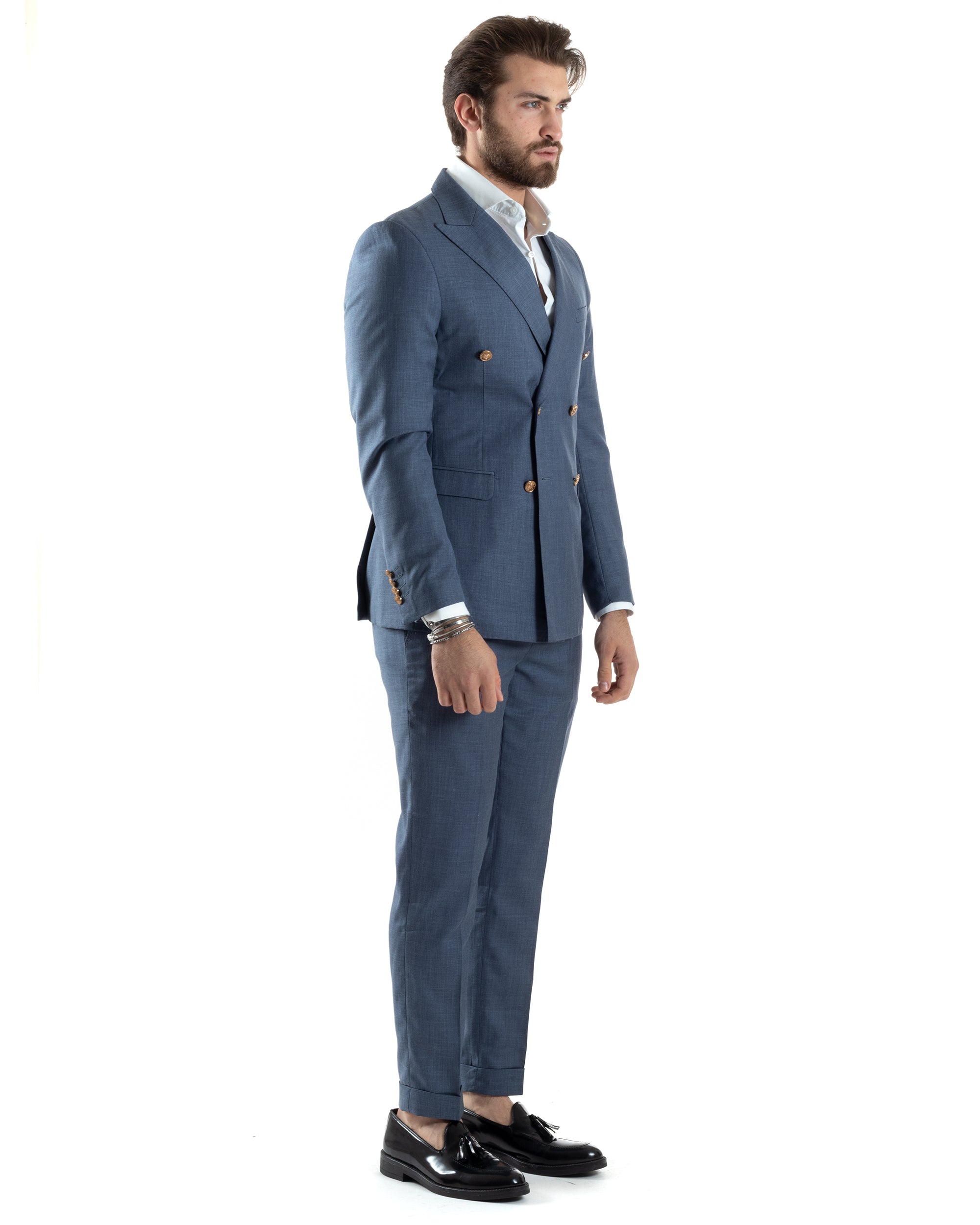 Abito Uomo Doppiopetto Vestito Completo Giacca Pantaloni Bottoni Metallo Blu Melangiato Elegante Casual GIOSAL-AE1045A