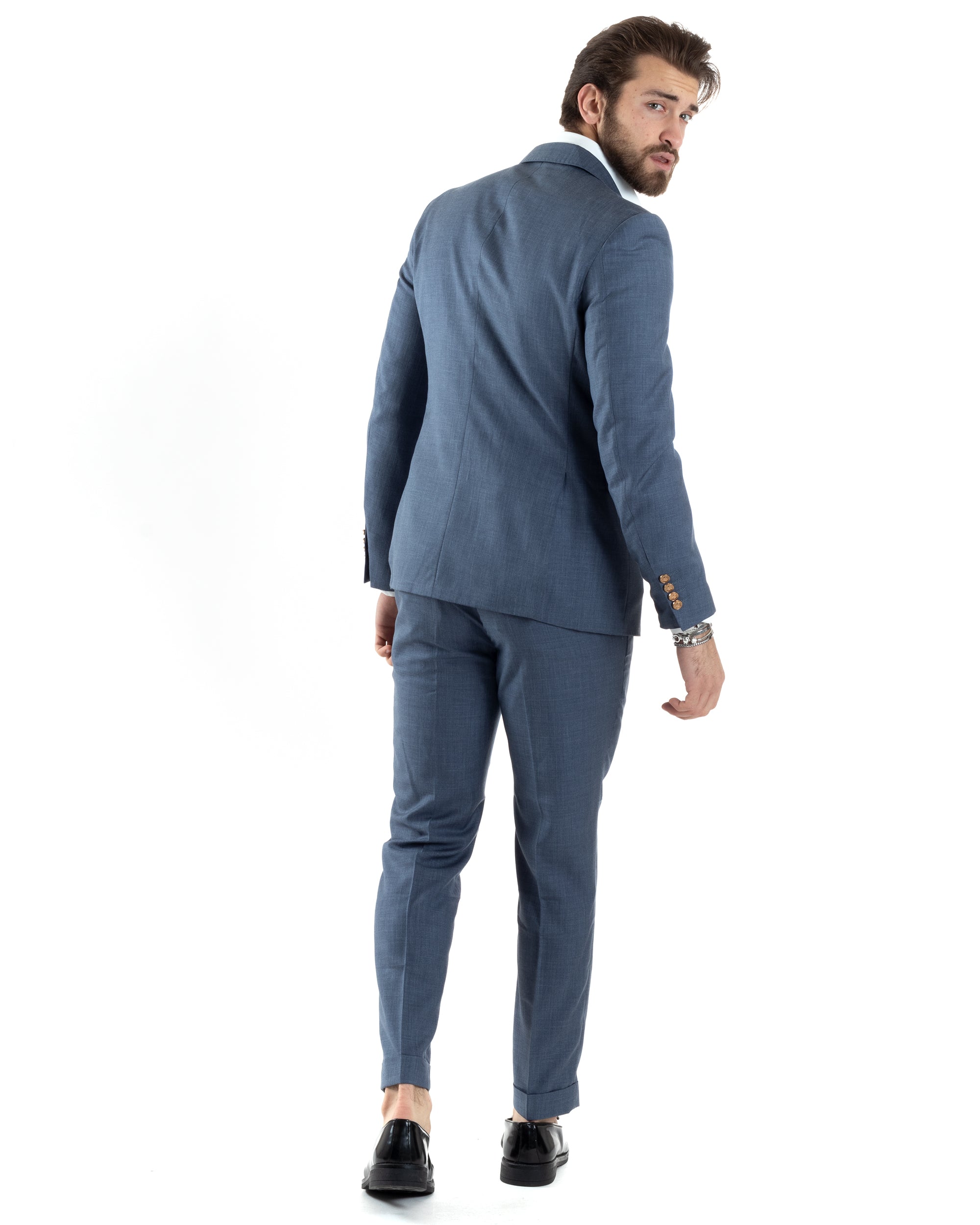 Abito Uomo Doppiopetto Vestito Completo Giacca Pantaloni Bottoni Metallo Blu Melangiato Elegante Casual GIOSAL-AE1045A