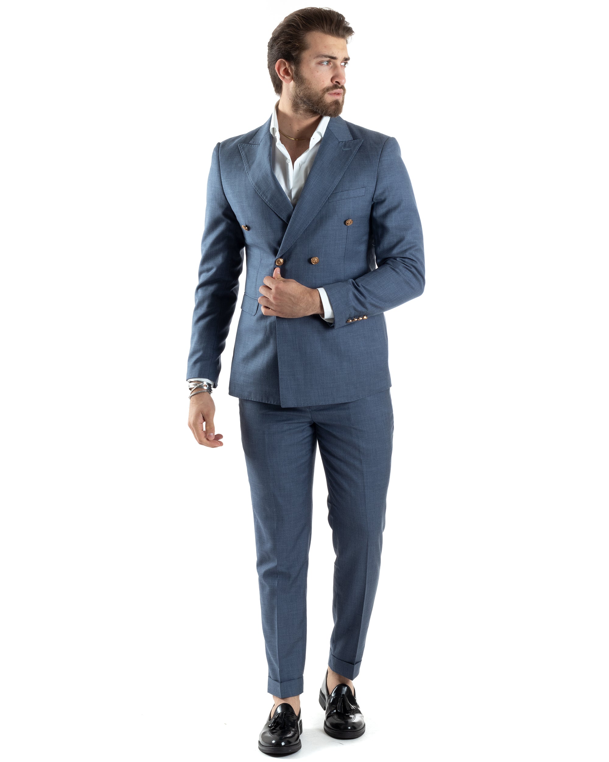 Abito Uomo Doppiopetto Vestito Completo Giacca Pantaloni Bottoni Metallo Blu Melangiato Elegante Casual GIOSAL-AE1045A