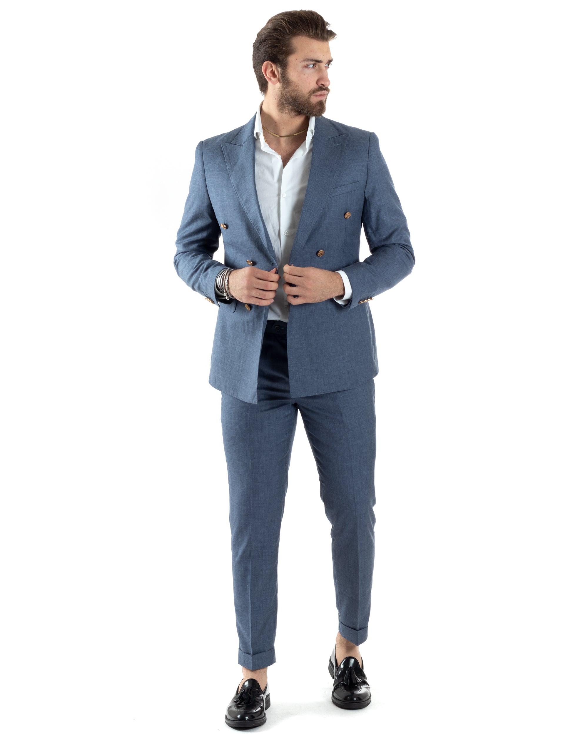 Abito Uomo Doppiopetto Vestito Completo Giacca Pantaloni Bottoni Metallo Blu Melangiato Elegante Casual GIOSAL-AE1045A