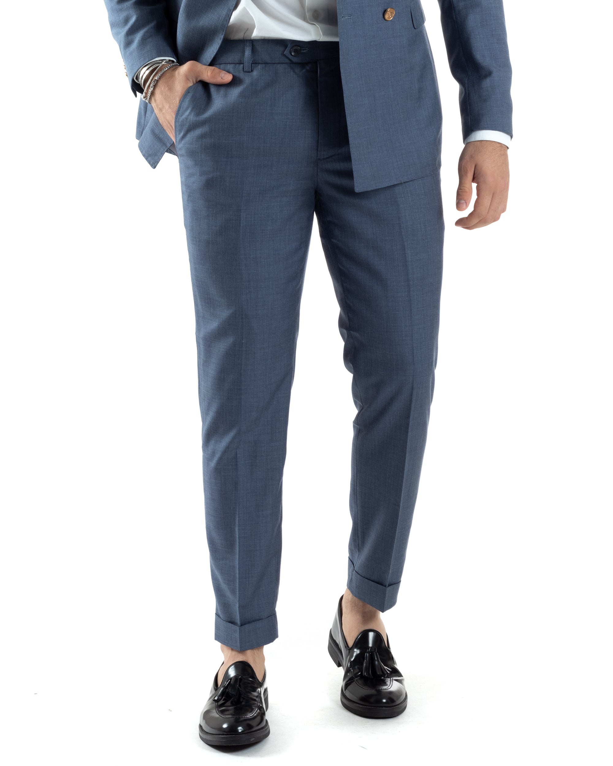 Abito Uomo Doppiopetto Vestito Completo Giacca Pantaloni Bottoni Metallo Blu Melangiato Elegante Casual GIOSAL-AE1045A