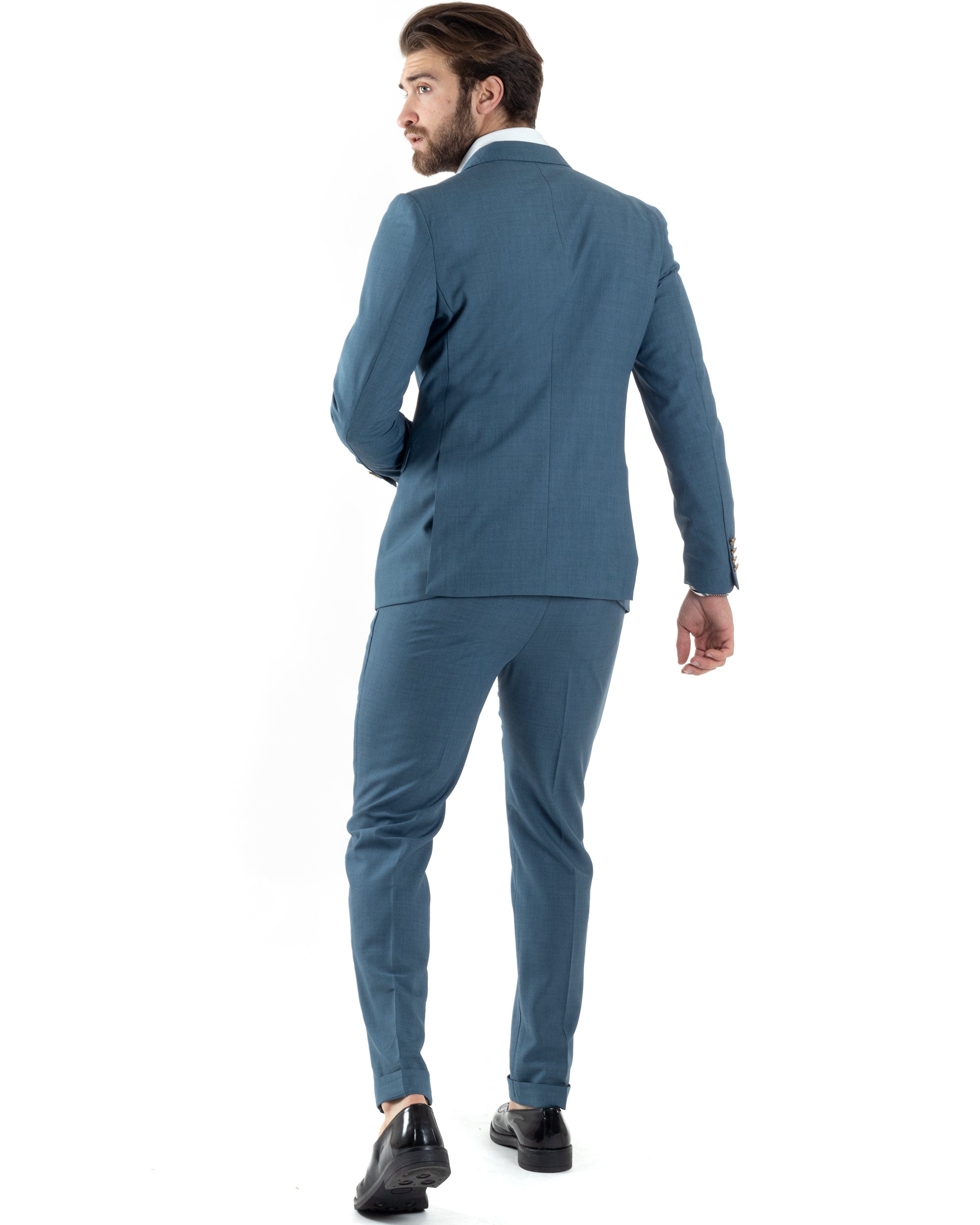 Abito Uomo Doppiopetto Vestito Completo Giacca Pantaloni Bottoni Metallo Ottanio Melangiato Elegante Casual GIOSAL-AE1048A