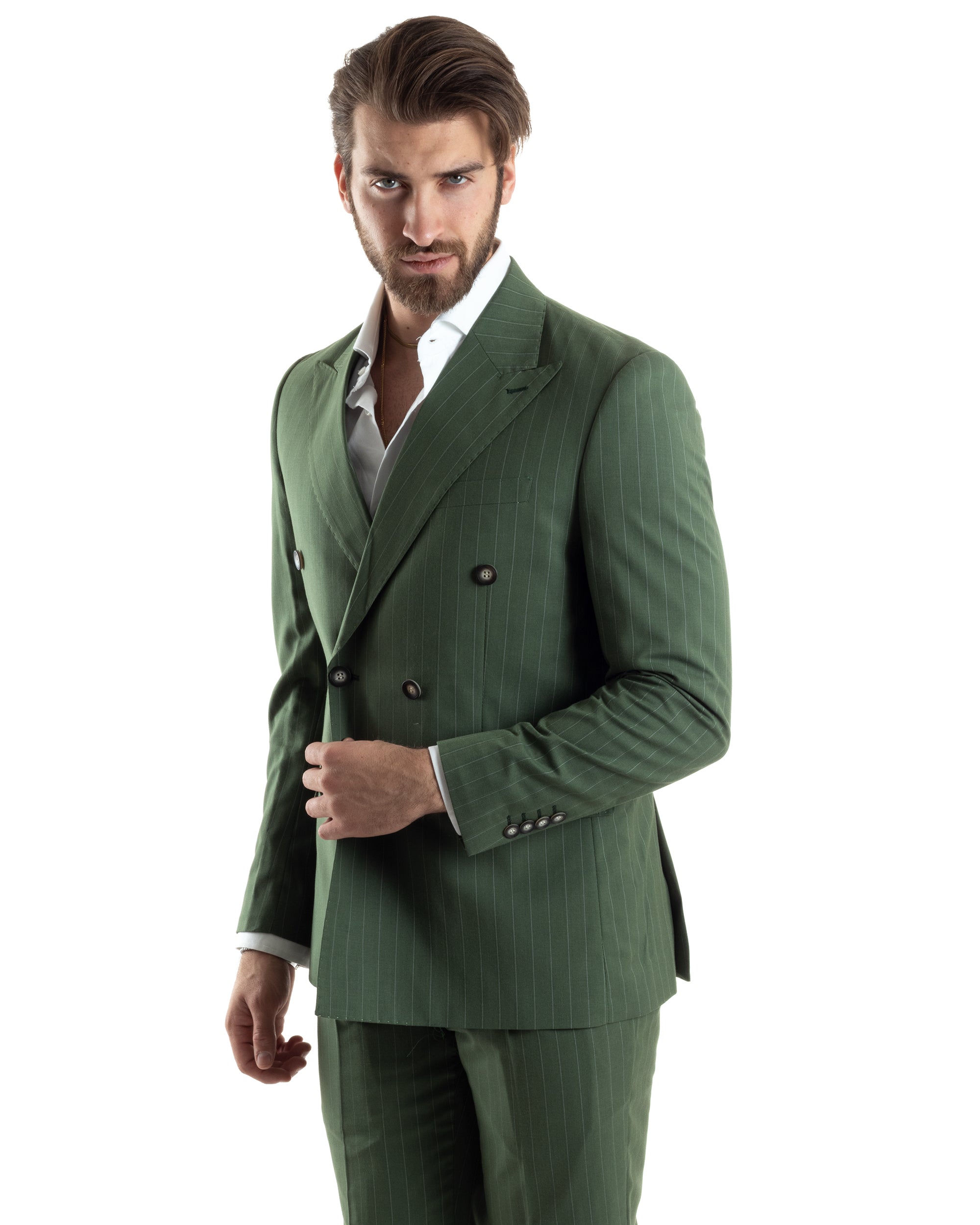 Abito Uomo Doppiopetto Vestito Completo Giacca Pantaloni Verde Gessato Elegante Casual GIOSAL-AE1049A