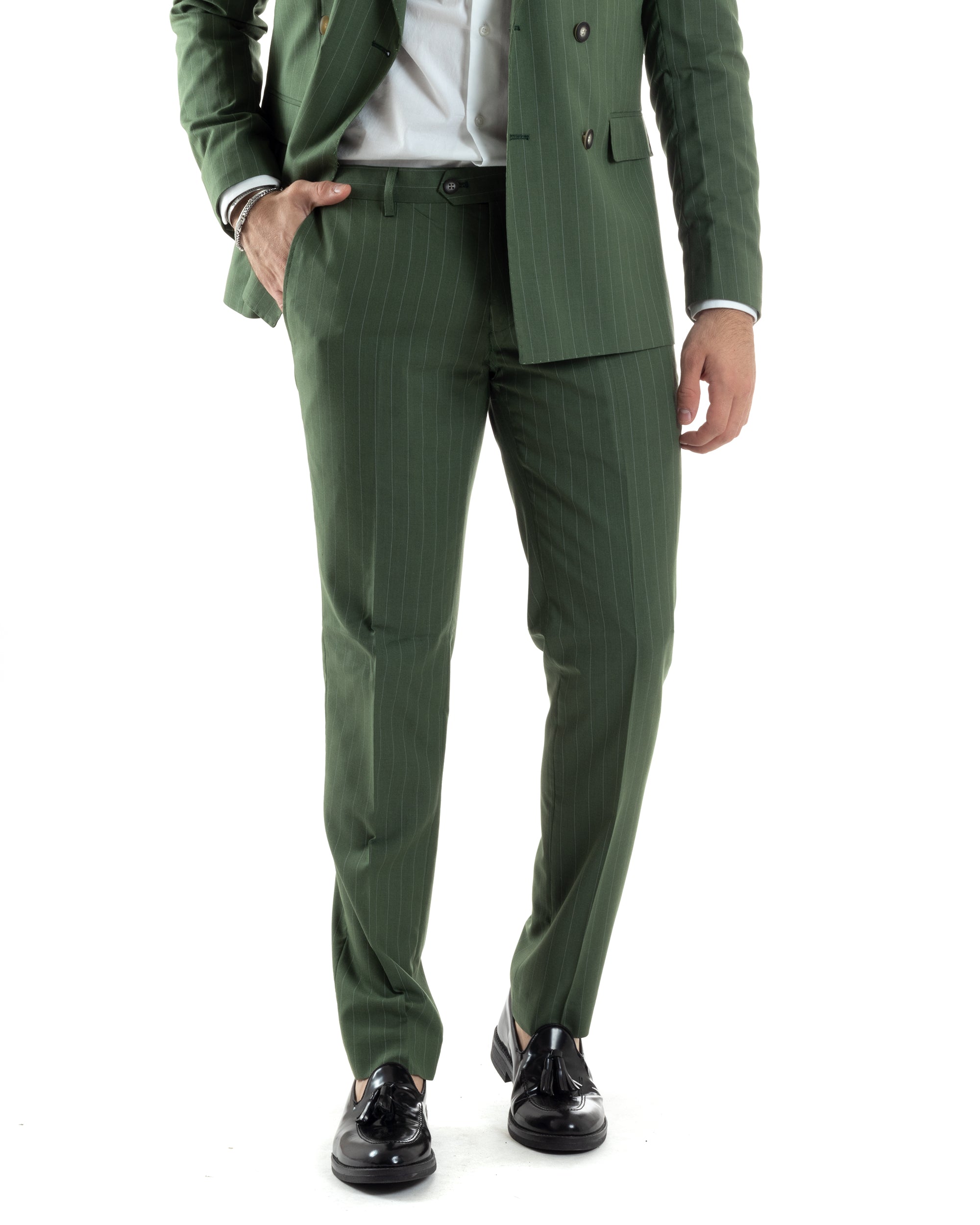 Abito Uomo Doppiopetto Vestito Completo Giacca Pantaloni Verde Gessato Elegante Casual GIOSAL-AE1049A