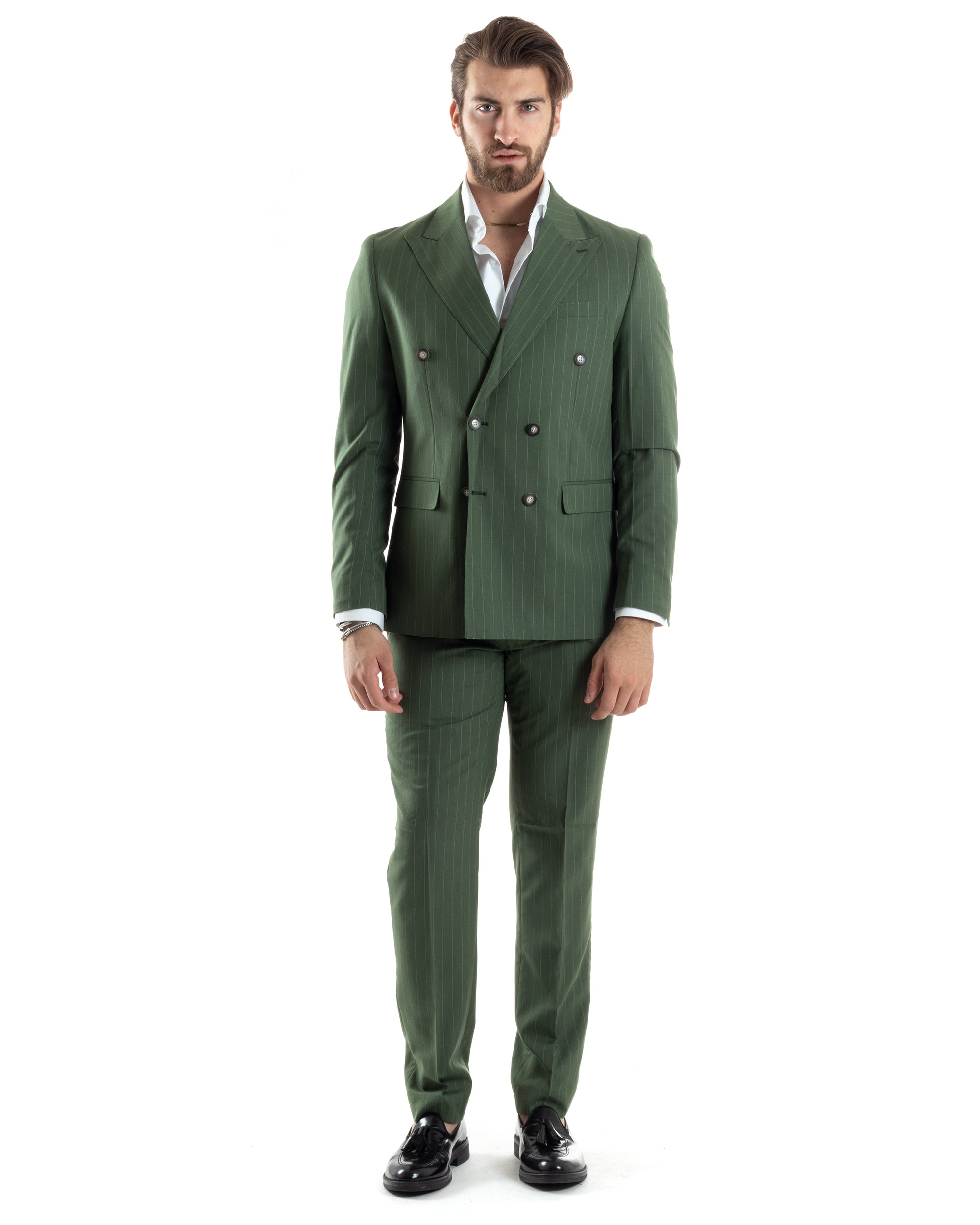 Abito Uomo Doppiopetto Vestito Completo Giacca Pantaloni Verde Gessato Elegante Casual GIOSAL AE1049A