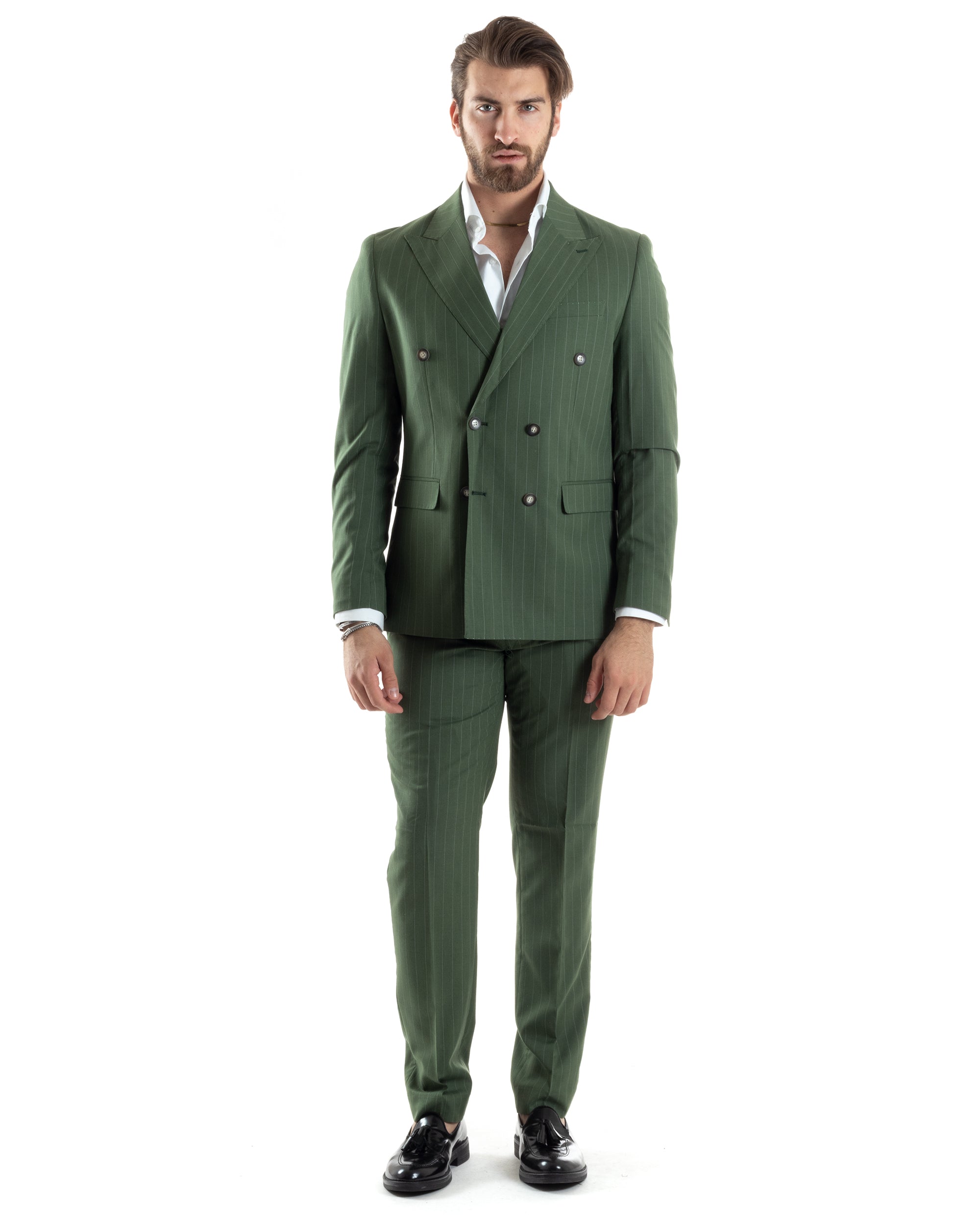 Abito Uomo Doppiopetto Vestito Completo Giacca Pantaloni Verde Gessato Elegante Casual GIOSAL-AE1049A