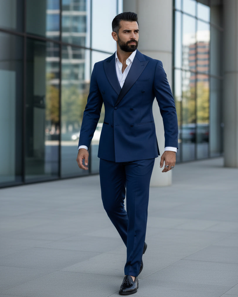 Abito Uomo Doppiopetto Vestito Completo Giacca Rever In Raso Pantaloni Smoking Blu AE1050A