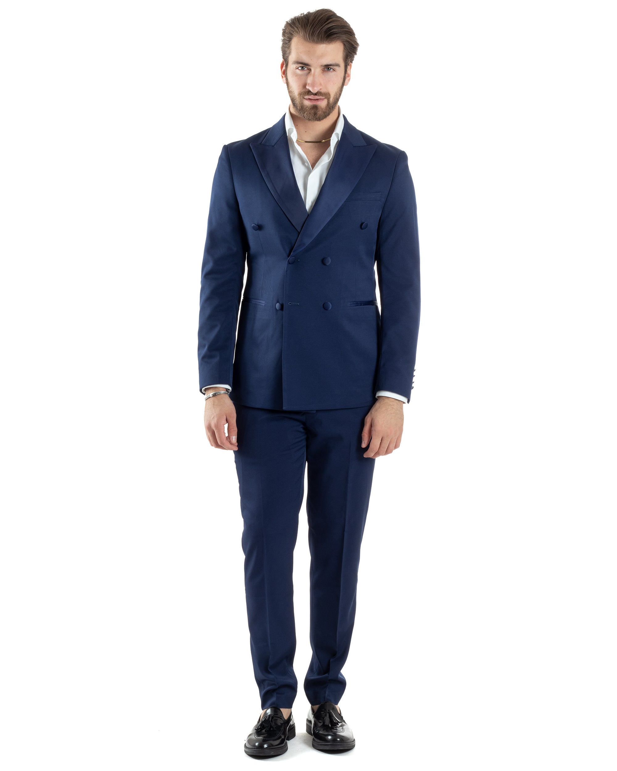 Abito Uomo Doppiopetto Vestito Completo Giacca Rever In Raso Pantaloni Abbottonatura Allungata Smoking Elegante Blu GIOSAL-AE1050A