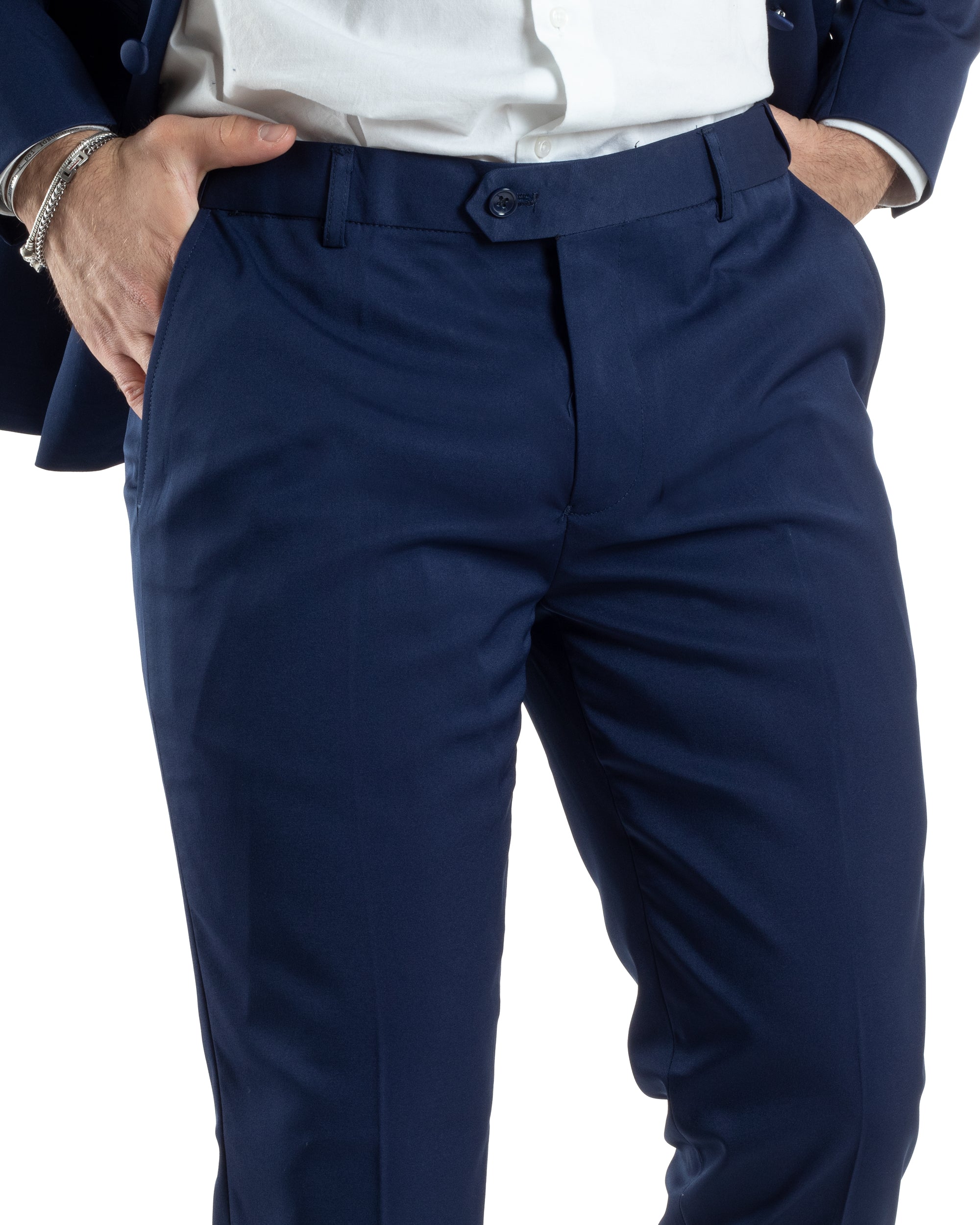 Abito Uomo Doppiopetto Vestito Completo Giacca Pantaloni Bottoni Revers Raso Blu Elegante Smoking GIOSAL-AE1050A