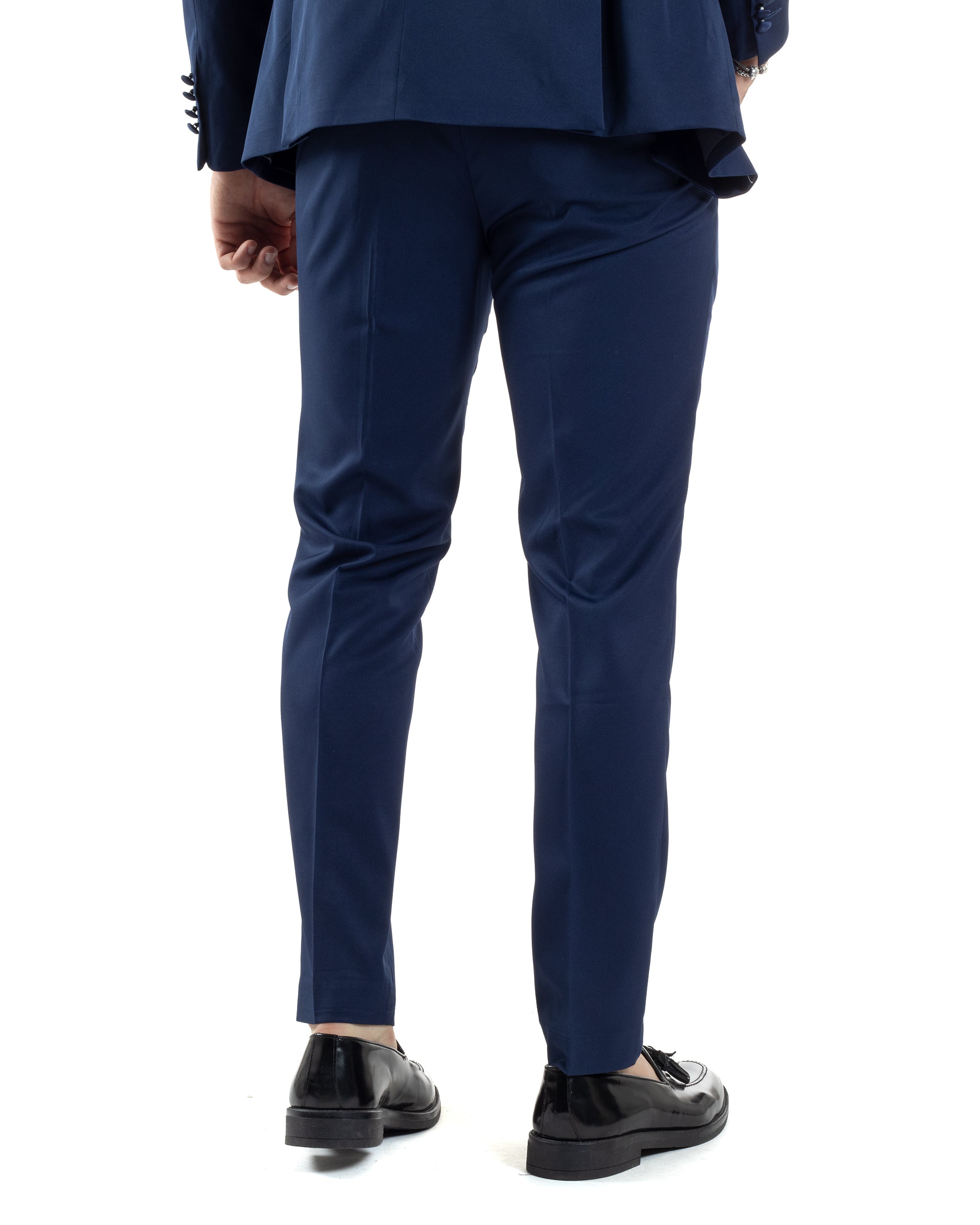 Abito Uomo Doppiopetto Vestito Completo Giacca Rever In Raso Pantaloni Abbottonatura Allungata Smoking Elegante Blu GIOSAL-AE1050A