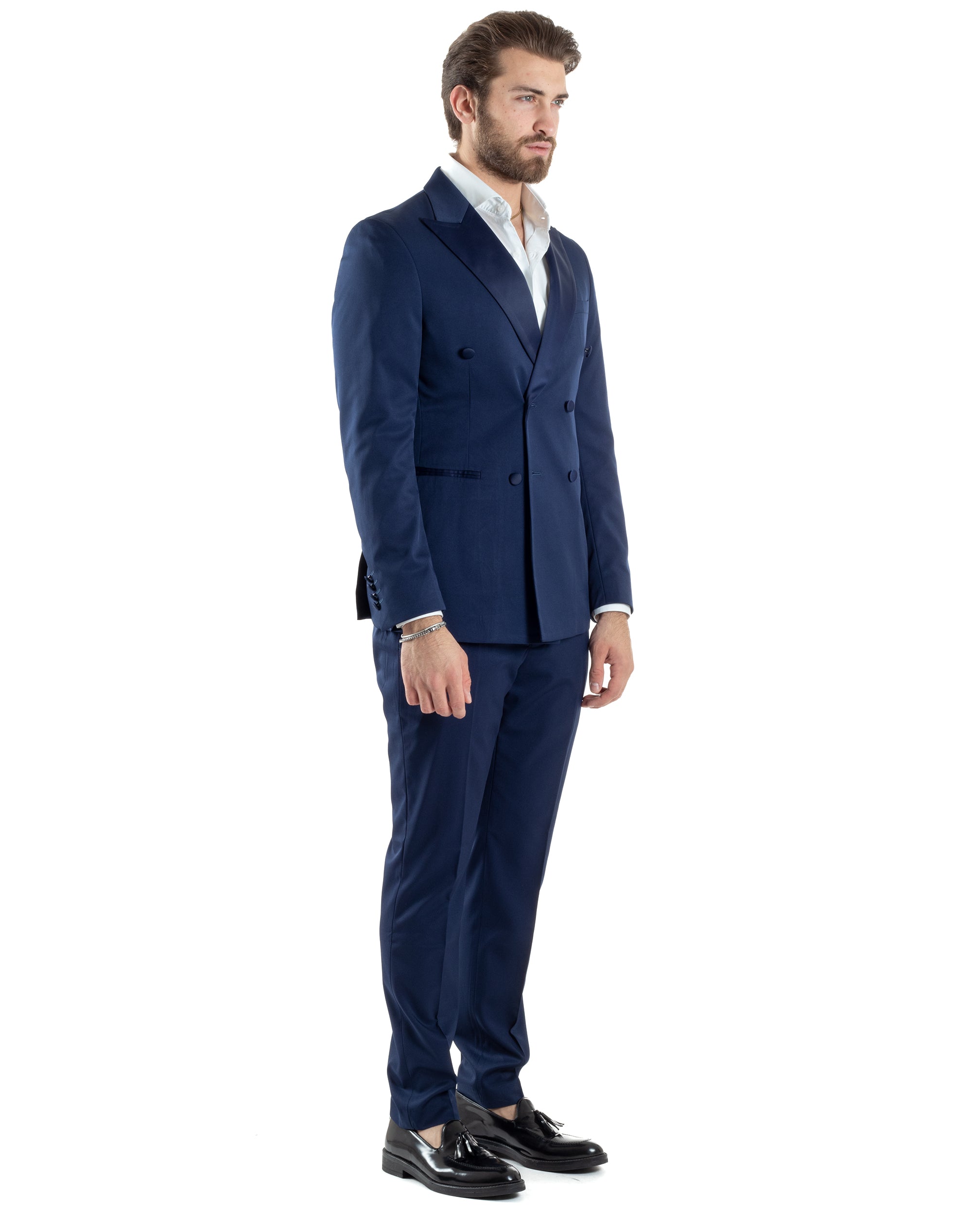 Abito Uomo Doppiopetto Vestito Completo Giacca Rever In Raso Pantaloni Abbottonatura Allungata Smoking Elegante Blu GIOSAL-AE1050A