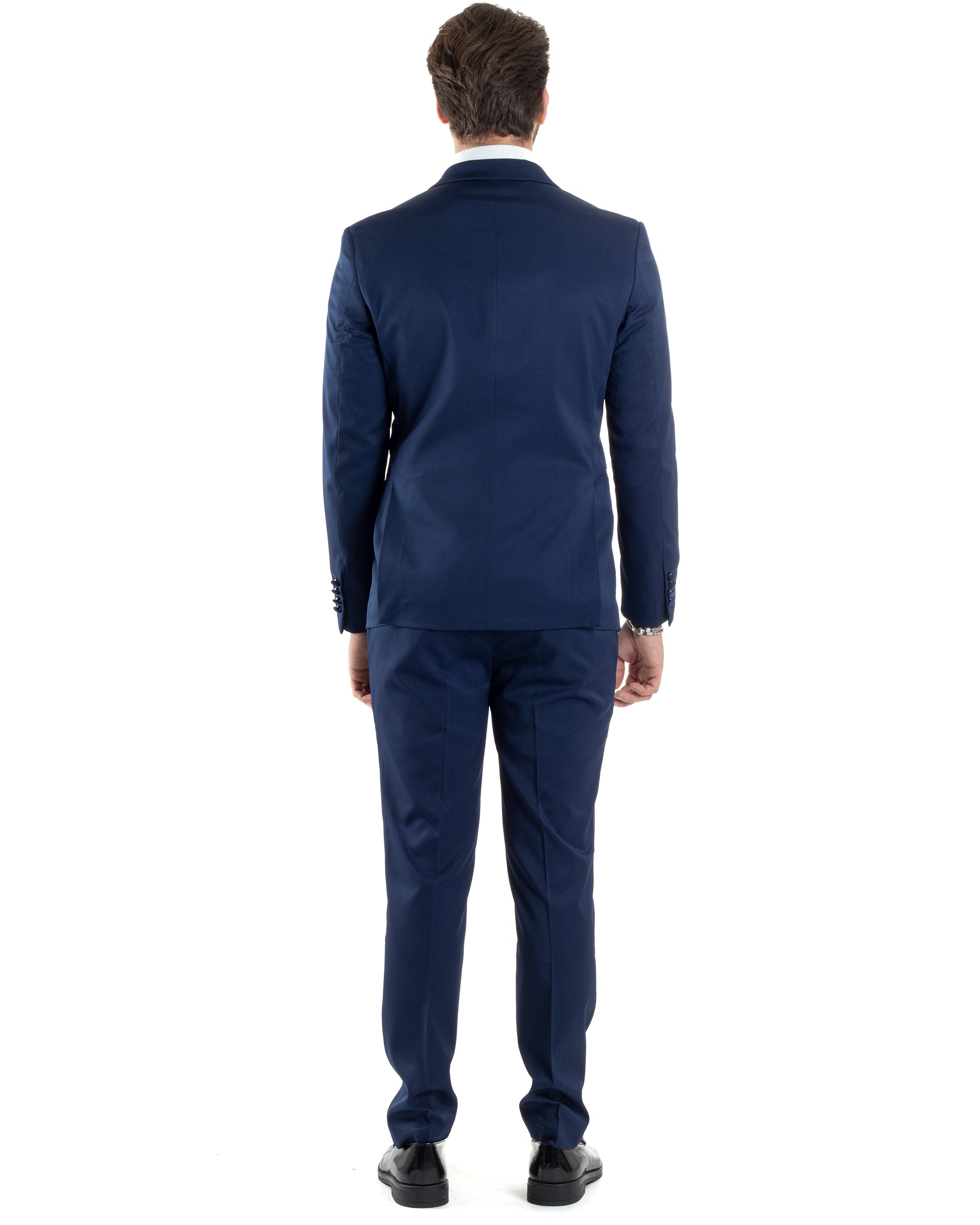 Abito Uomo Doppiopetto Vestito Completo Giacca Pantaloni Bottoni Revers Raso Blu Elegante Smoking GIOSAL-AE1050A