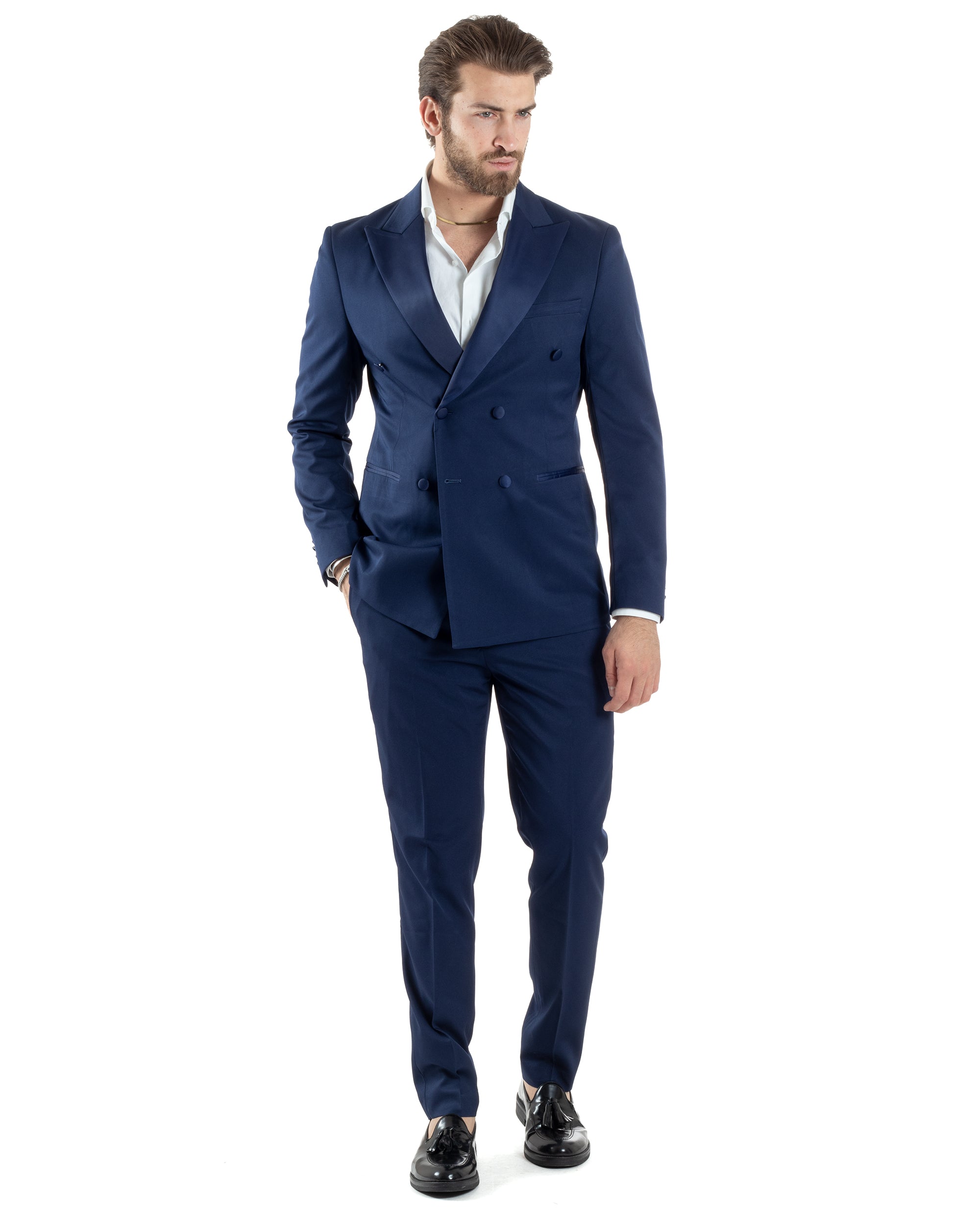 Abito Uomo Doppiopetto Vestito Completo Giacca Rever In Raso Pantaloni Smoking Blu AE1050A