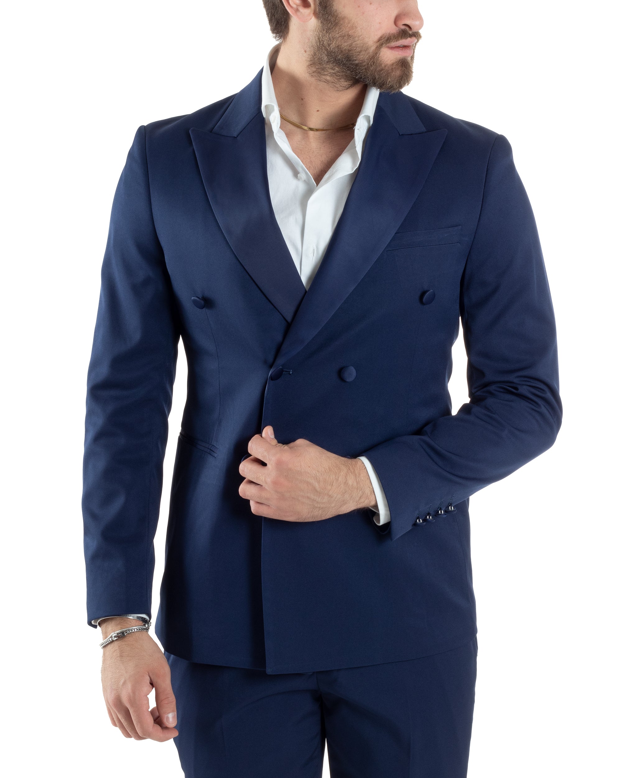 Abito Uomo Doppiopetto Vestito Completo Giacca Pantaloni Bottoni Revers Raso Blu Elegante Smoking GIOSAL-AE1050A