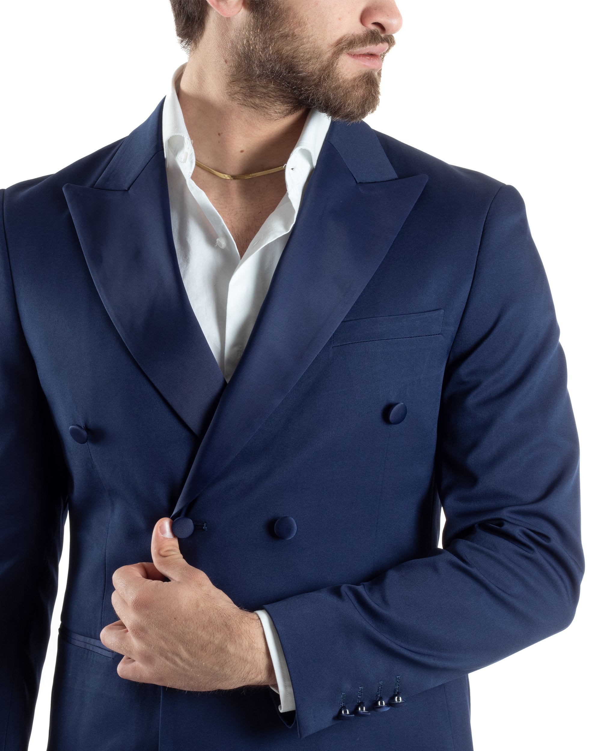 Abito Uomo Doppiopetto Vestito Completo Giacca Pantaloni Bottoni Revers Raso Blu Elegante Smoking GIOSAL-AE1050A