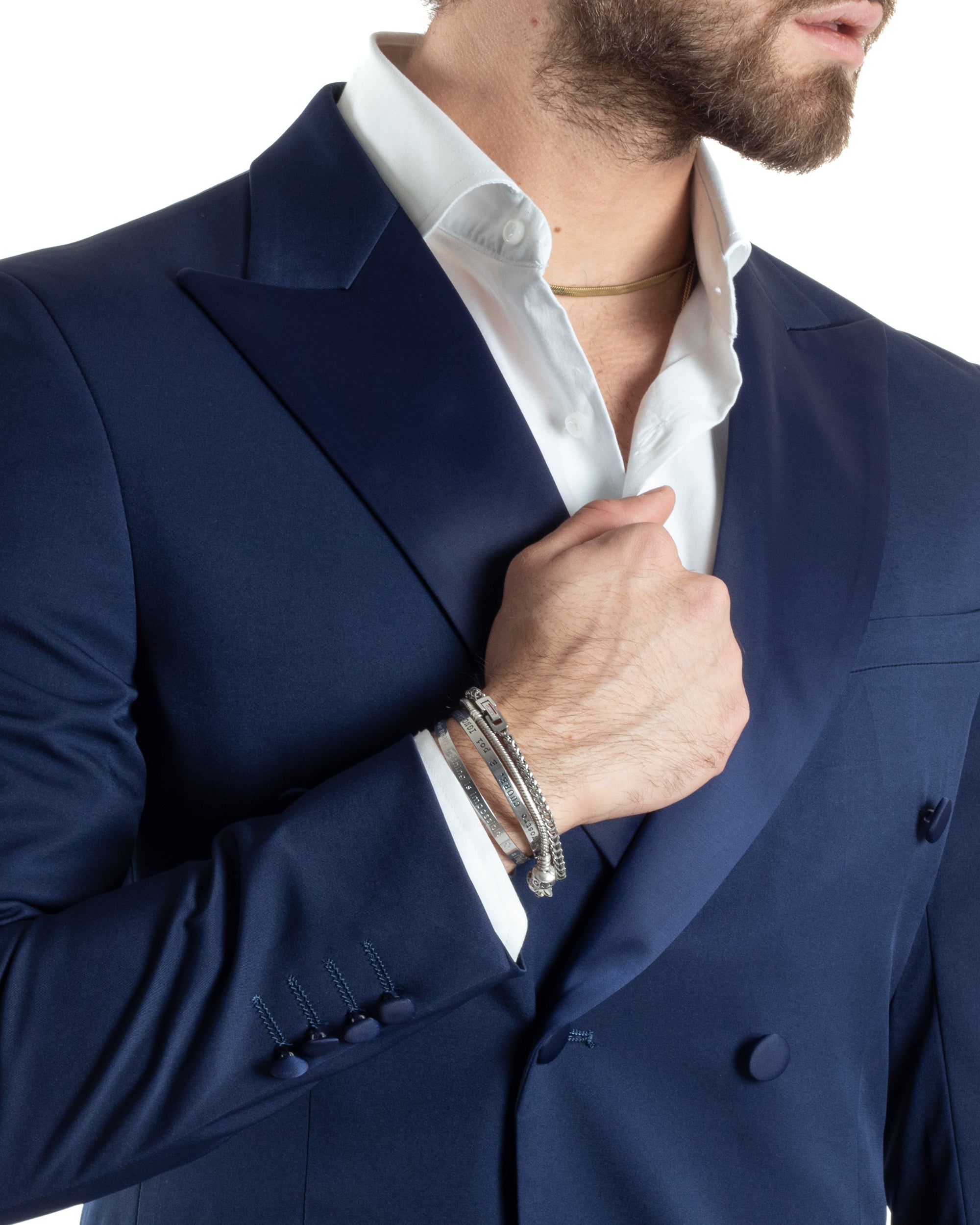 Abito Uomo Doppiopetto Vestito Completo Giacca Pantaloni Bottoni Revers Raso Blu Elegante Smoking GIOSAL-AE1050A