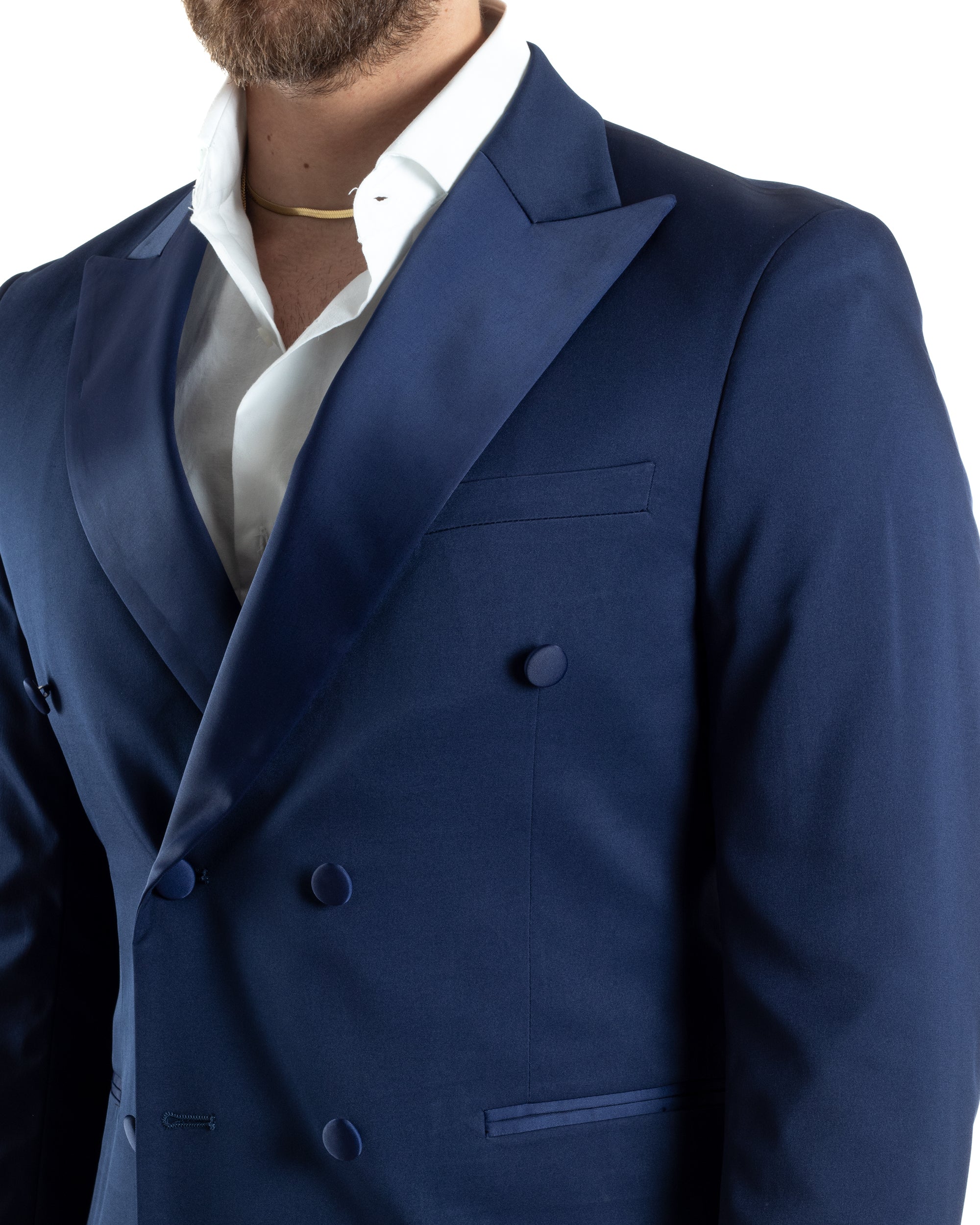 Abito Uomo Doppiopetto Vestito Completo Giacca Pantaloni Bottoni Revers Raso Blu Elegante Smoking GIOSAL-AE1050A