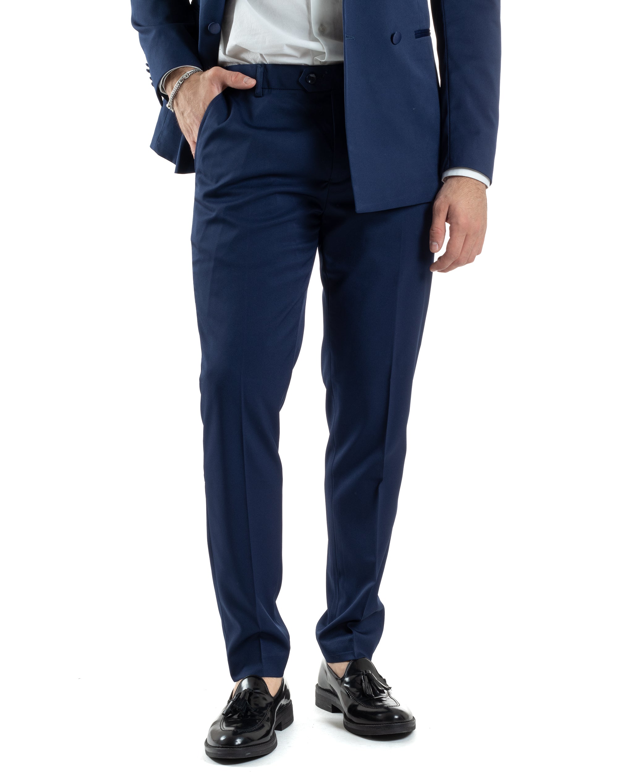 Abito Uomo Doppiopetto Vestito Completo Giacca Rever In Raso Pantaloni Smoking Blu AE1050A